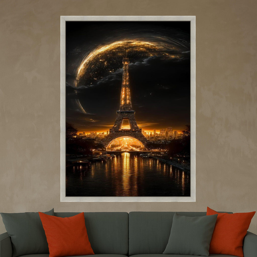 Illuminated Eiffel Tower at Night, Paris Cityscape Canvas, Golden Glow Wall Art, Romantic Landmark Decoration, Urban Night Ready To Hang,