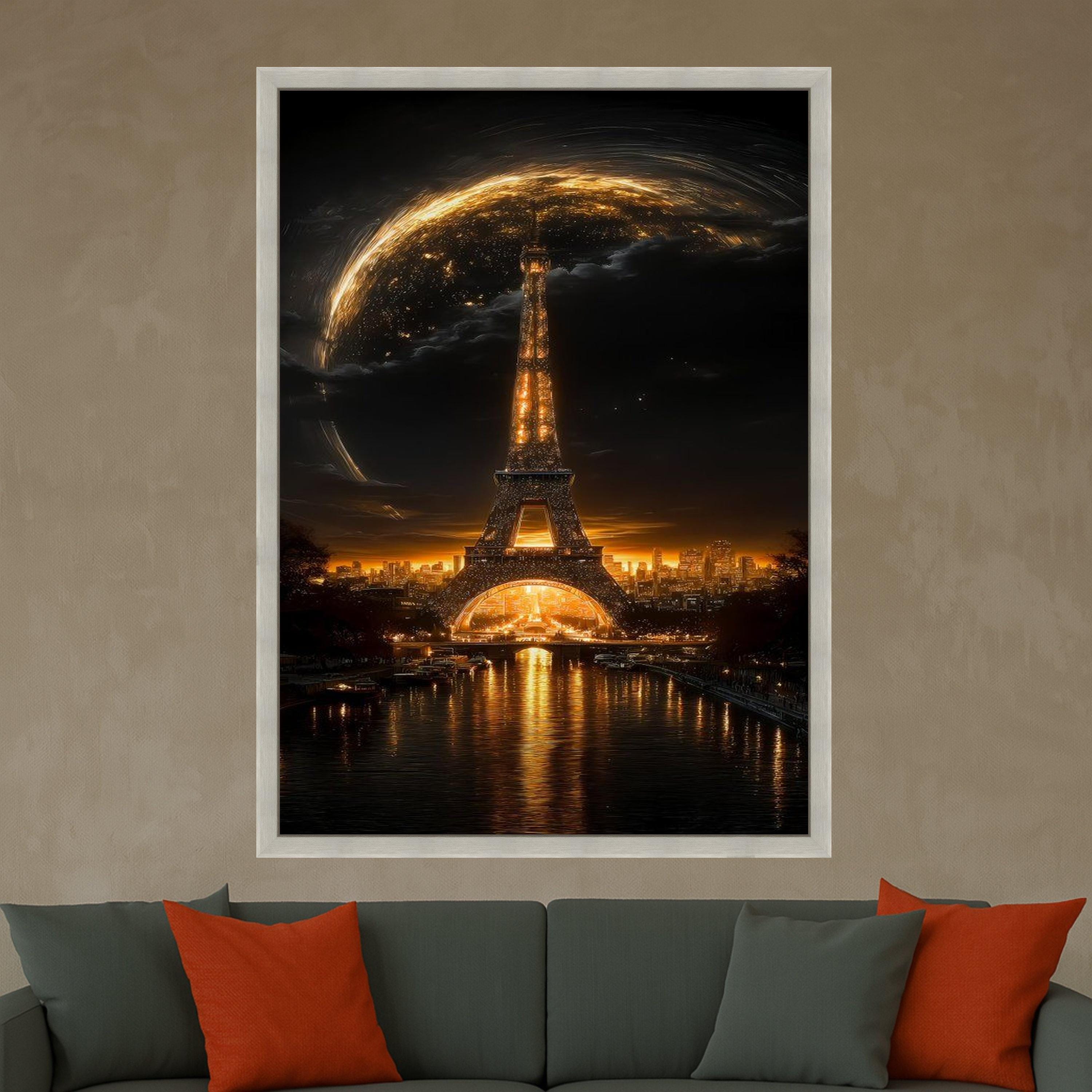 Illuminated Eiffel Tower at Night, Paris Cityscape Canvas, Golden Glow Wall Art, Romantic Landmark Decoration, Urban Night Ready To Hang,