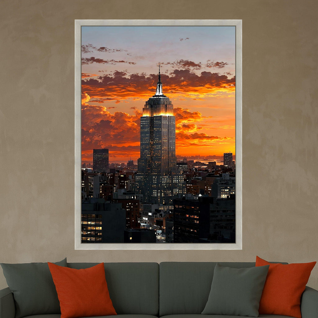 Illuminated Cityscape Sunset, Empire State Building Canvas, New York Skyline Wall Art, Urban Architecture Canvas, Modern City Ready To Hang,