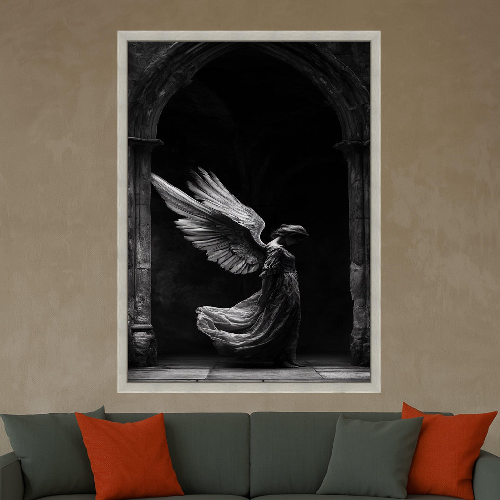 Elegant Angel Wings Canvas Wall Art, Gothic Archway Scene, Black and White Angelic Figure, Spiritual Home Decoration, Ready To Hang,