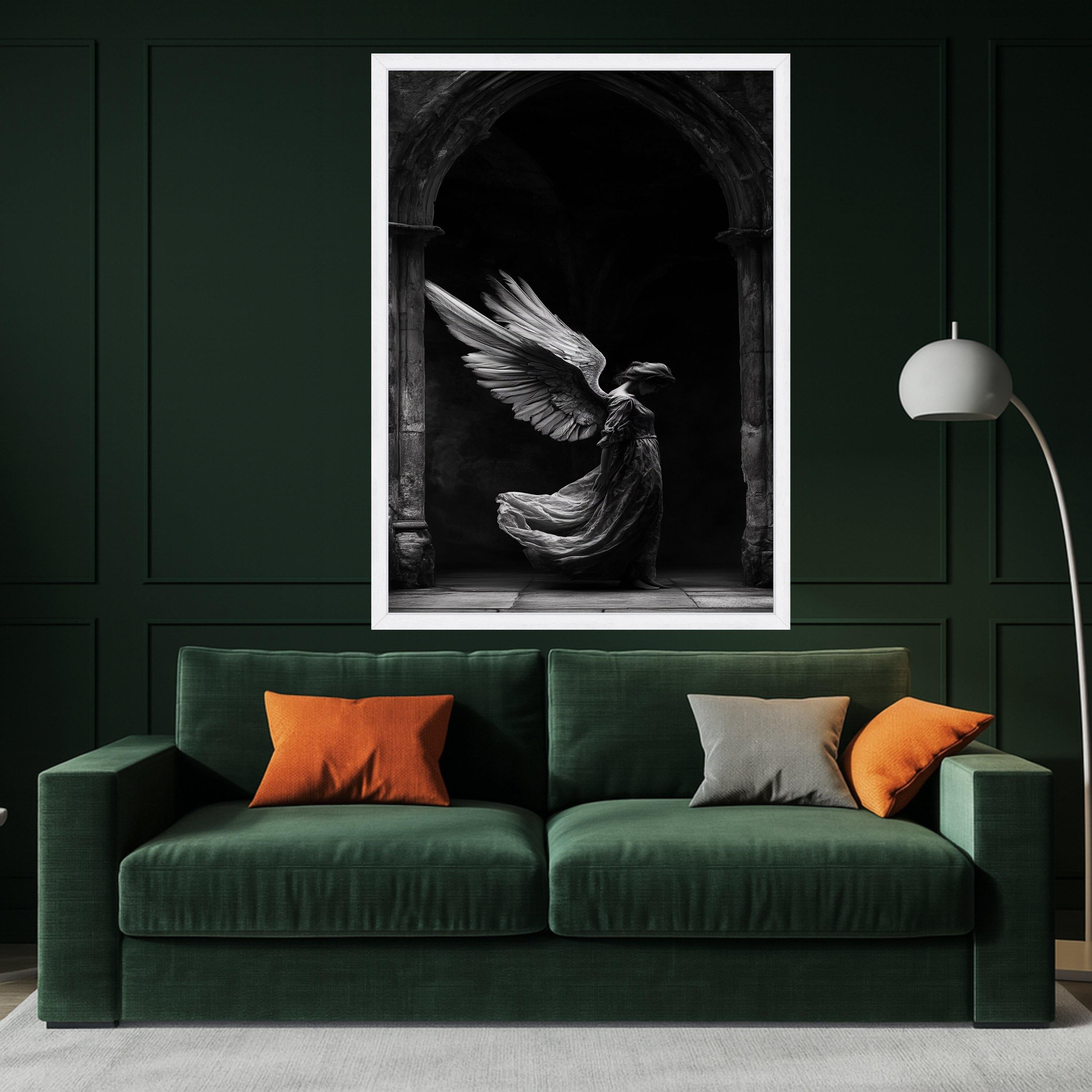 Elegant Angel Wings Canvas Wall Art, Gothic Archway Scene, Black and White Angelic Figure, Spiritual Home Decoration, Ready To Hang,