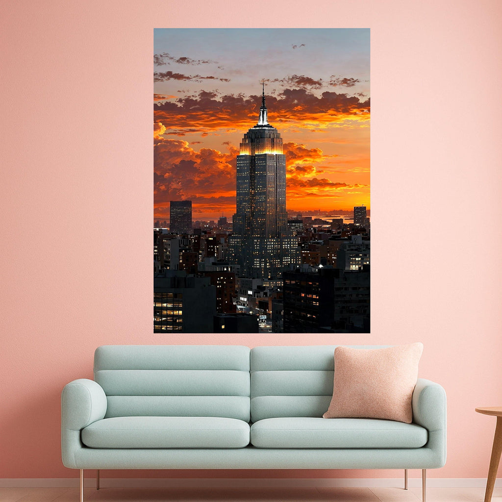 Illuminated Cityscape Sunset, Empire State Building Canvas, New York Skyline Wall Art, Urban Architecture Canvas, Modern City Ready To Hang,