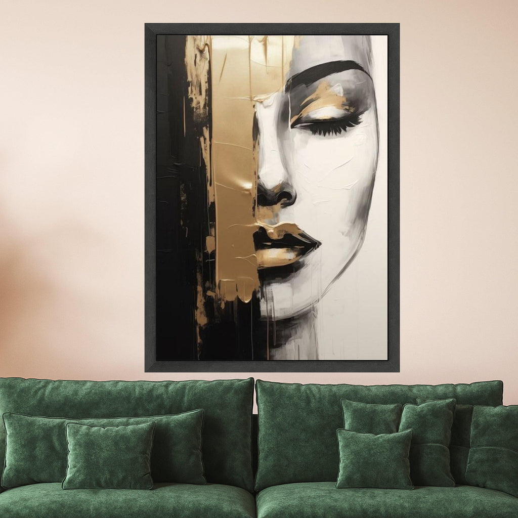 Abstract Female Portrait Canvas, Black and Gold Wall Art, Ready to Hang