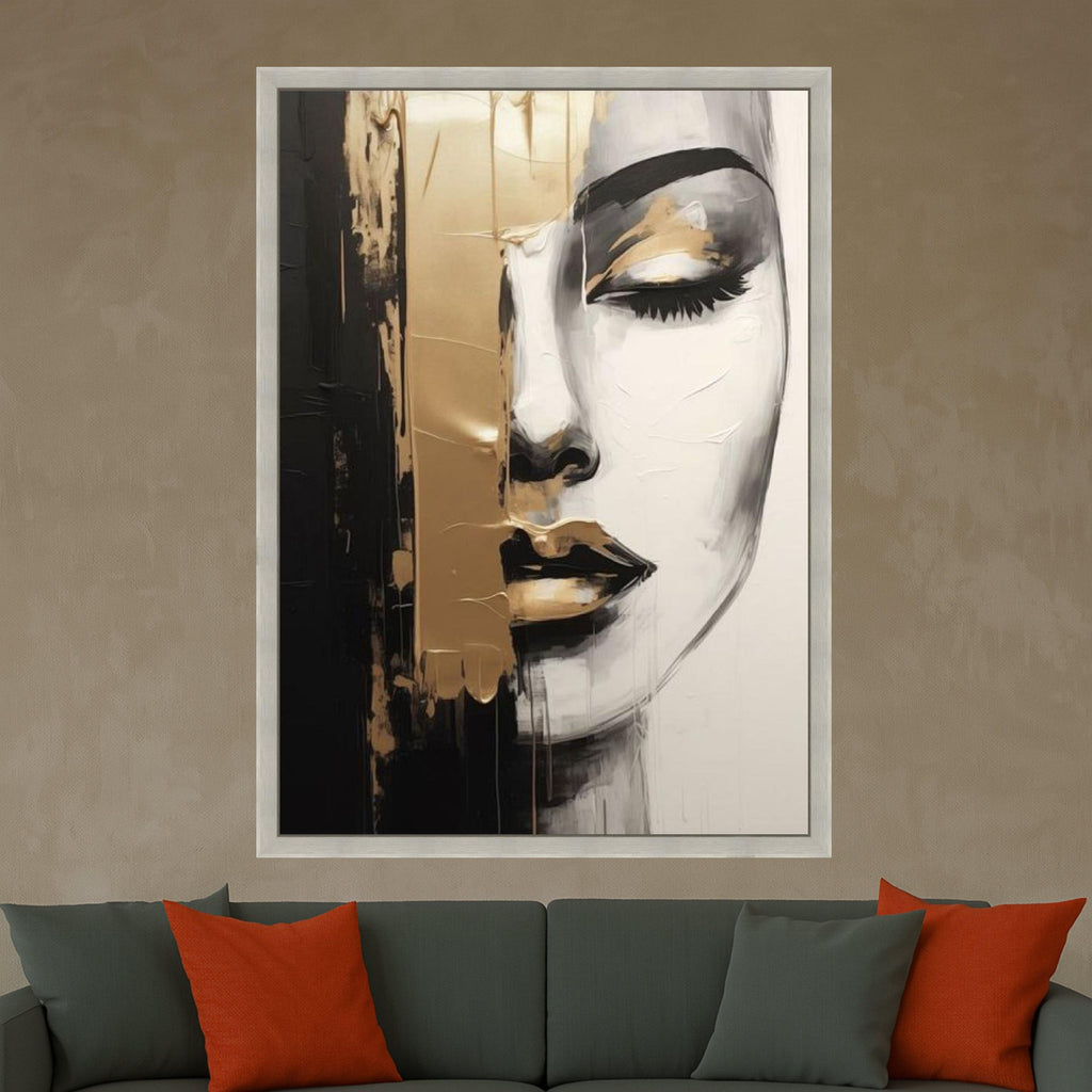 Abstract Female Portrait Canvas, Black and Gold Wall Art, Ready to Hang