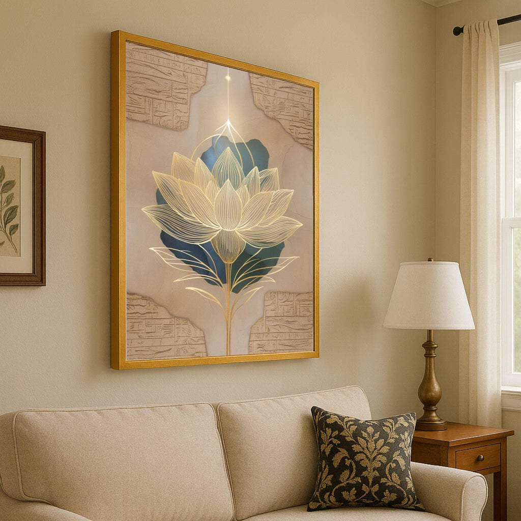 Golden Lotus Flower Canvas Print – Modern Spiritual Wall Art, Zen Wall Decor, Ready to Hang Wall Decoration