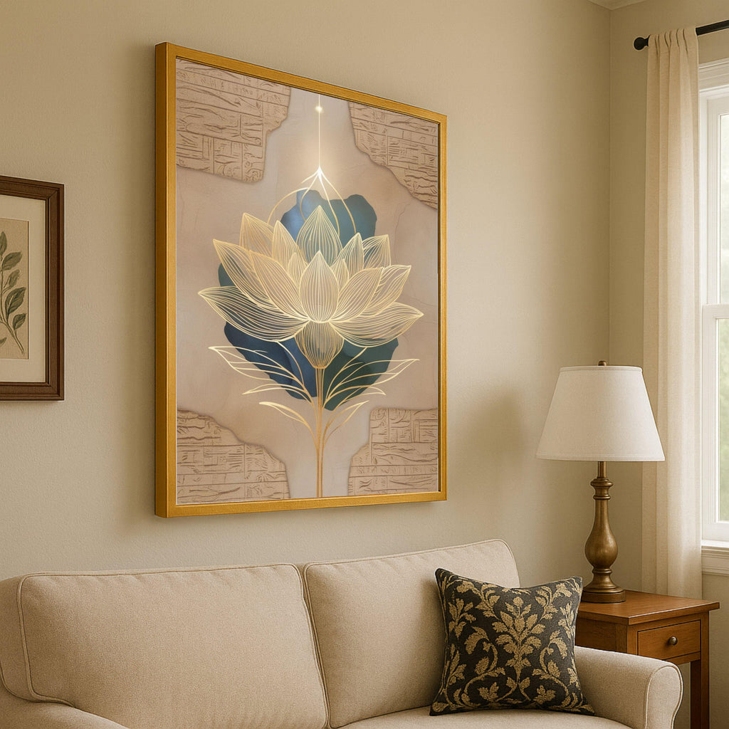 Golden Lotus Flower Canvas Print – Modern Spiritual Wall Art, Zen Wall Decor, Ready to Hang Wall Decoration