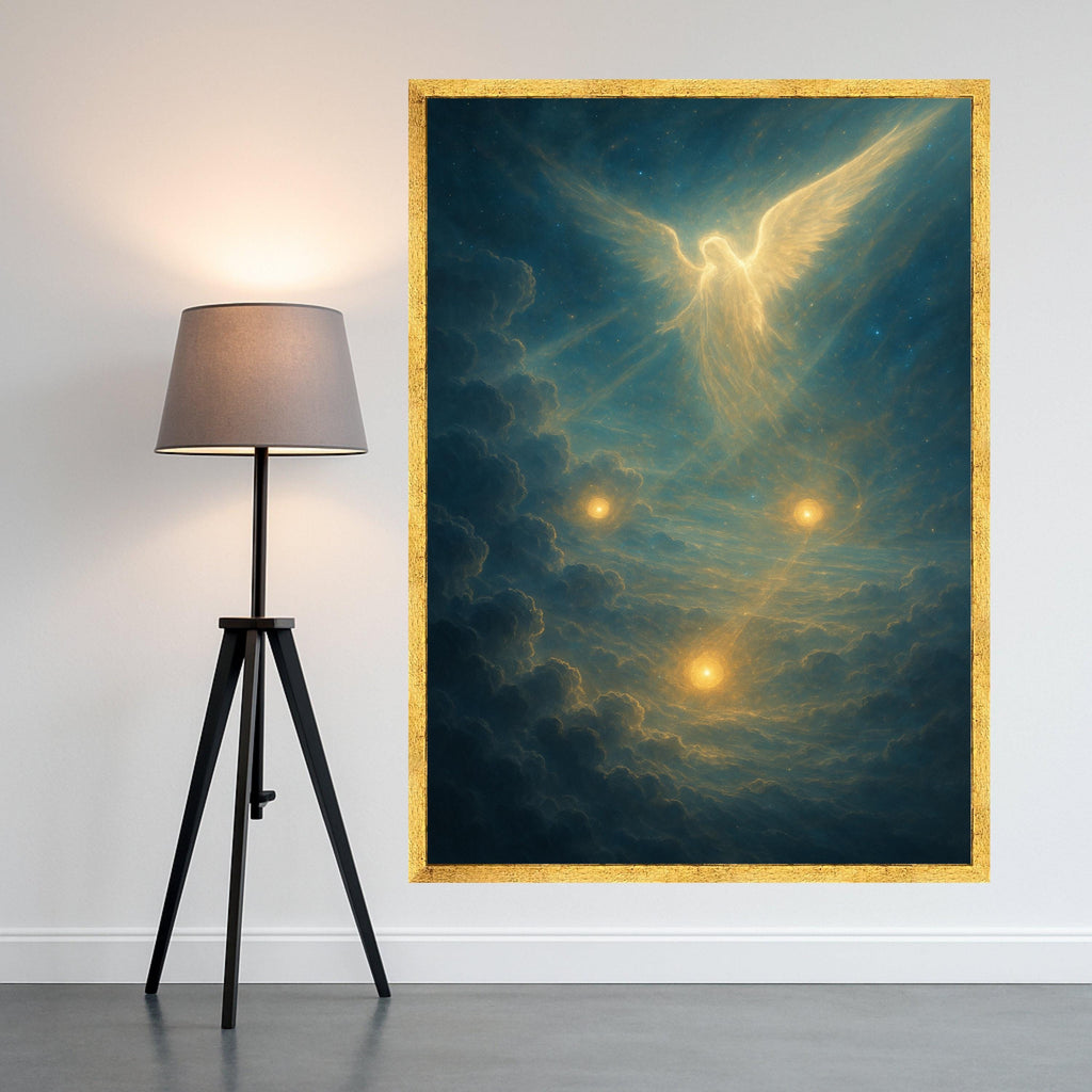 Ethereal Angel in Celestial Clouds Canvas, Spiritual Wall Art, Heavenly Light Painting, Mystical Glow Decoration, Divine Home Ready To Hang,