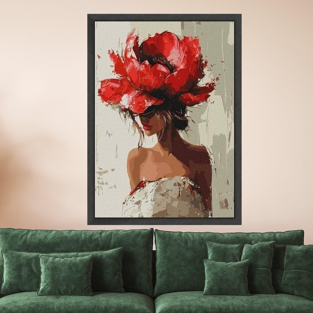 Red Flower Hat Woman Canvas Print – Modern Fashion Wall Art, Bold Wall Decor, Ready to Hang Wall Decoration