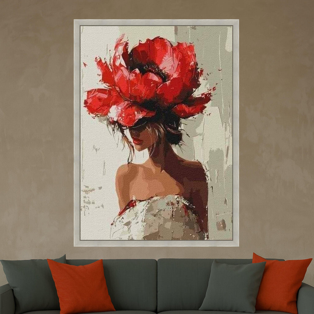 Red Flower Hat Woman Canvas Print – Modern Fashion Wall Art, Bold Wall Decor, Ready to Hang Wall Decoration