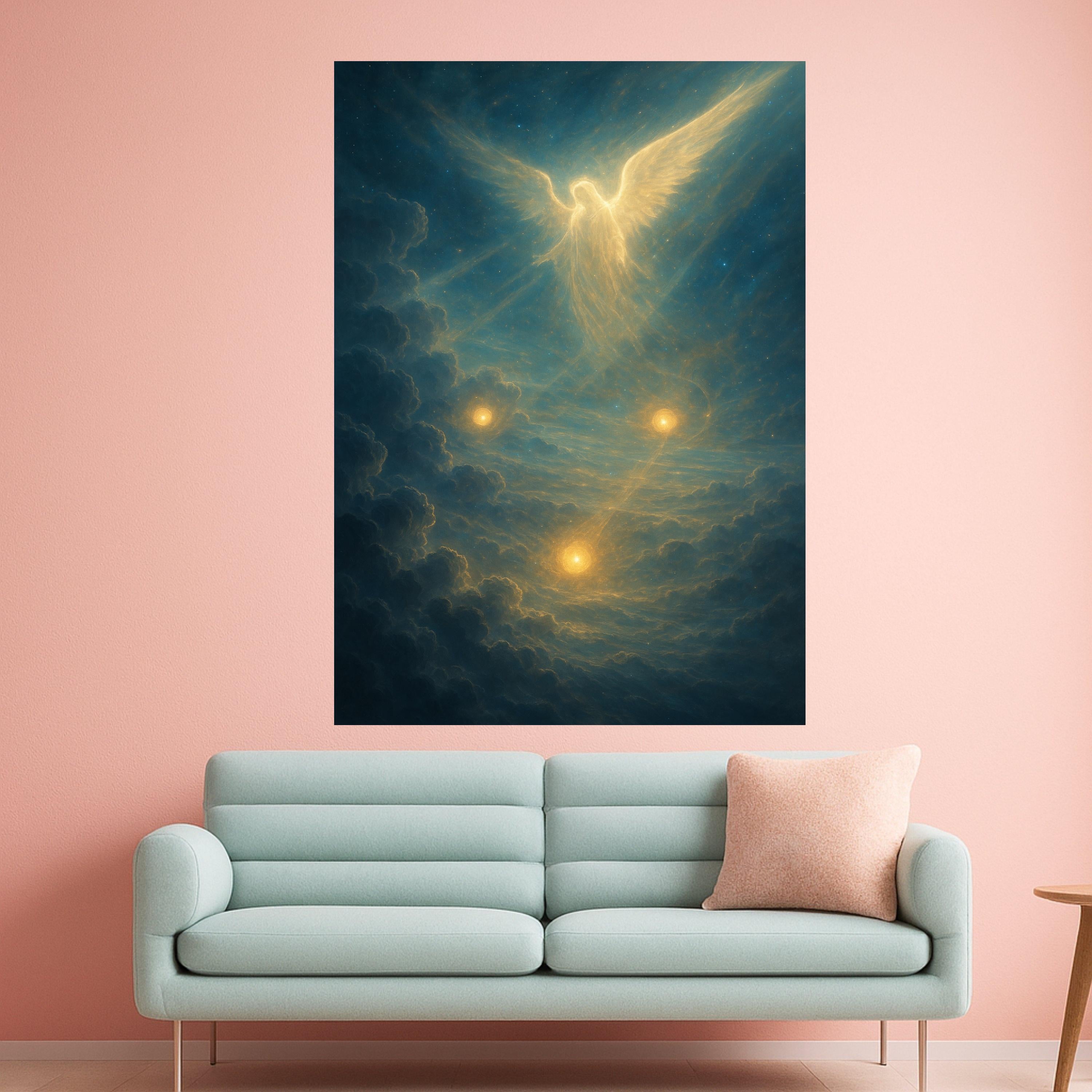 Ethereal Angel in Celestial Clouds Canvas, Spiritual Wall Art, Heavenly Light Painting, Mystical Glow Decoration, Divine Home Ready To Hang,