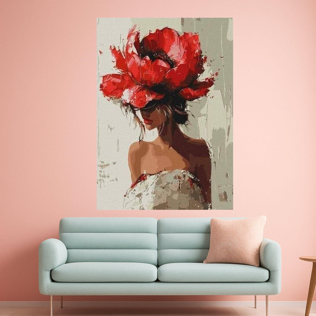 Red Flower Hat Woman Canvas Print – Modern Fashion Wall Art, Bold Wall Decor, Ready to Hang Wall Decoration