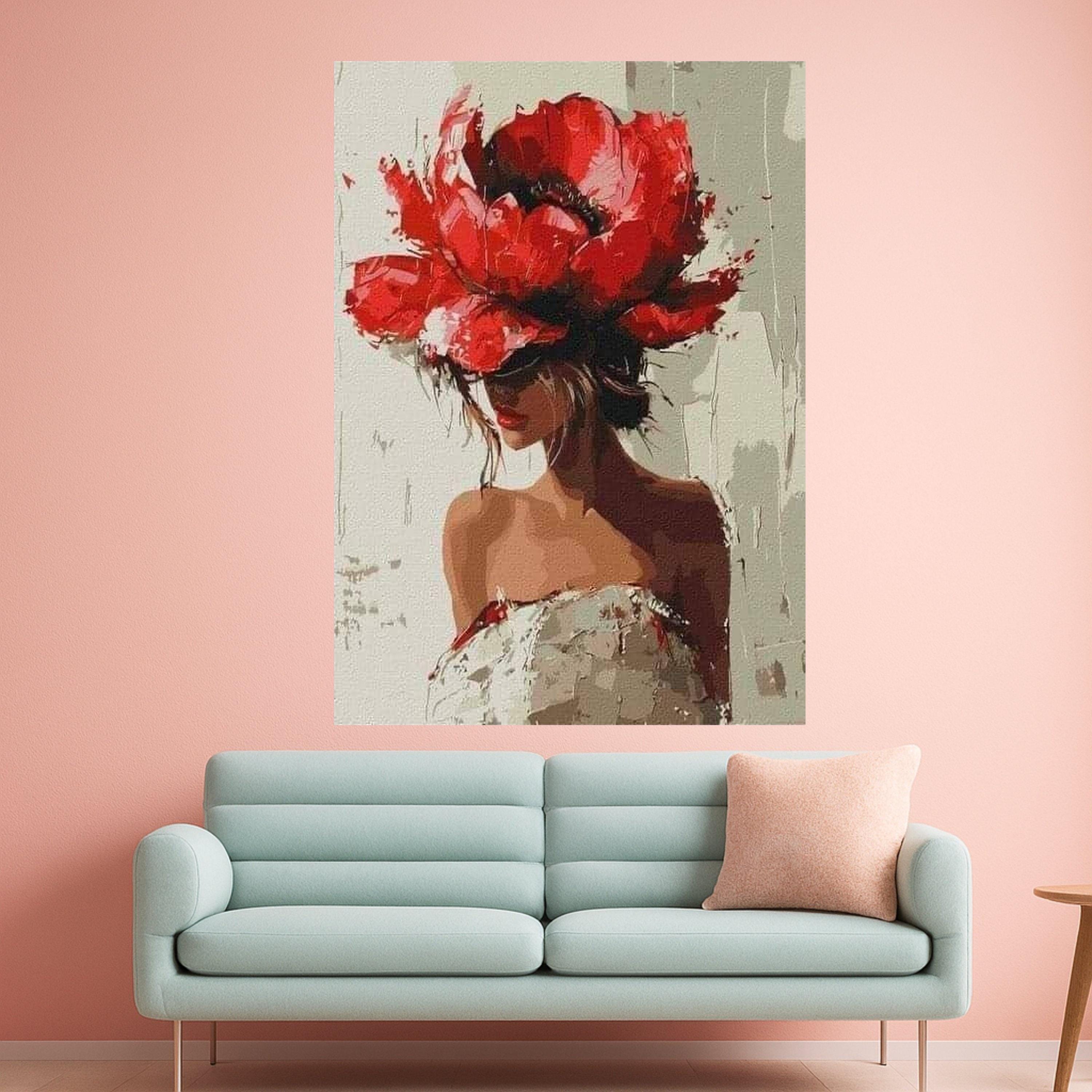 Red Flower Hat Woman Canvas Print – Modern Fashion Wall Art, Bold Wall Decor, Ready to Hang Wall Decoration