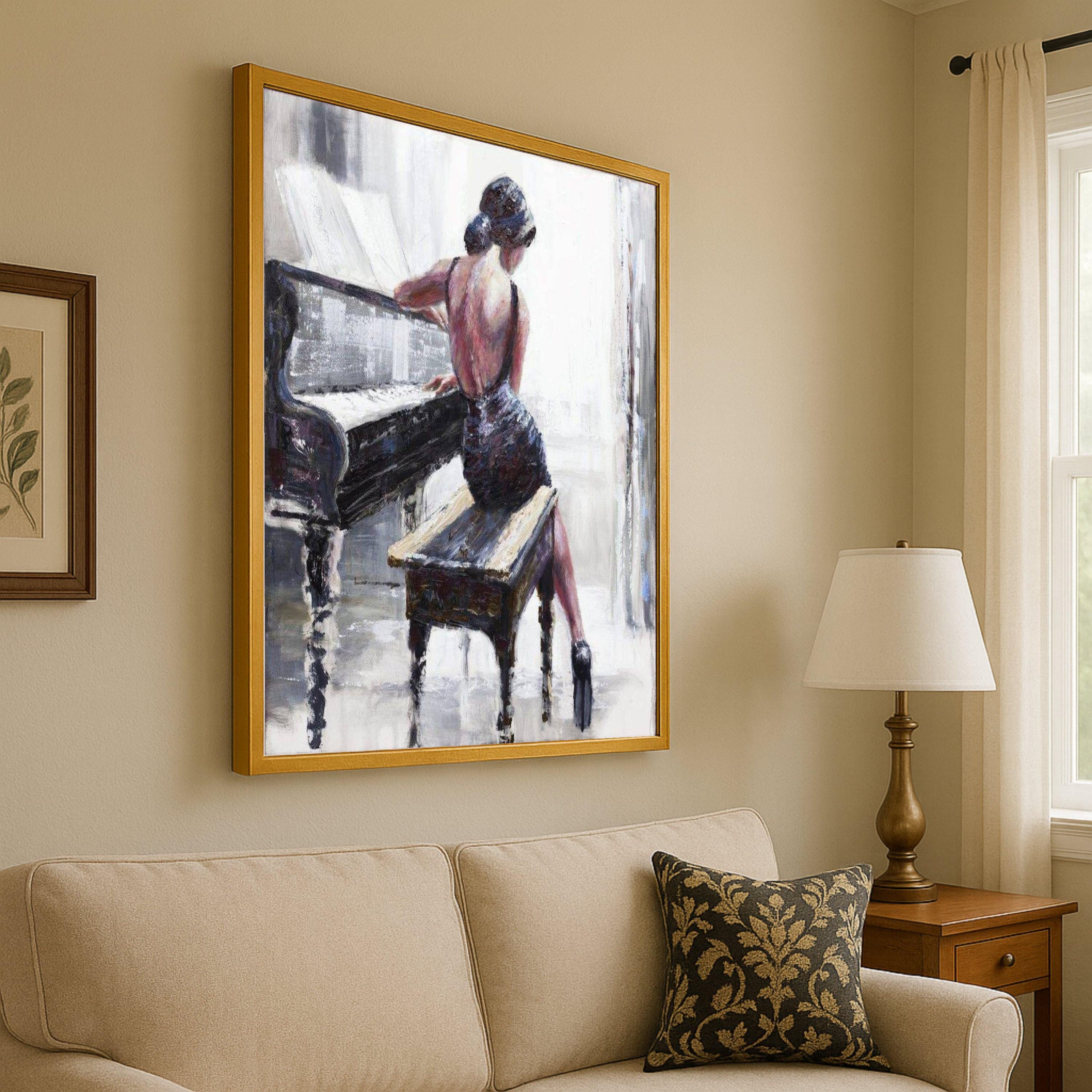 Elegant Pianist Canvas Print – Woman at Piano Wall Art, Romantic Wall Decor, Impressionist Ready to Hang Wall Decoration