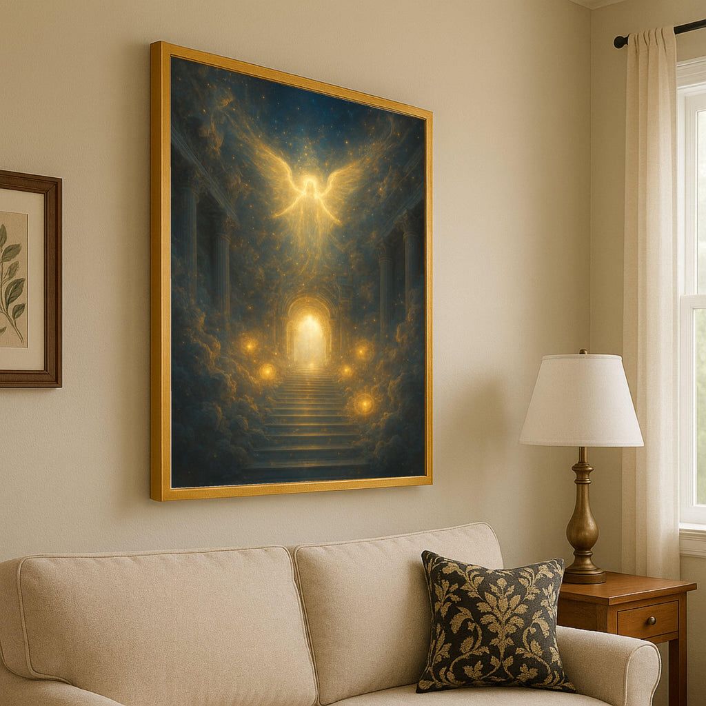 Heavenly Angel Canvas Print – Stairway to Light Wall Art, Spiritual Wall Decor, Glowing Ready to Hang Wall Decoration