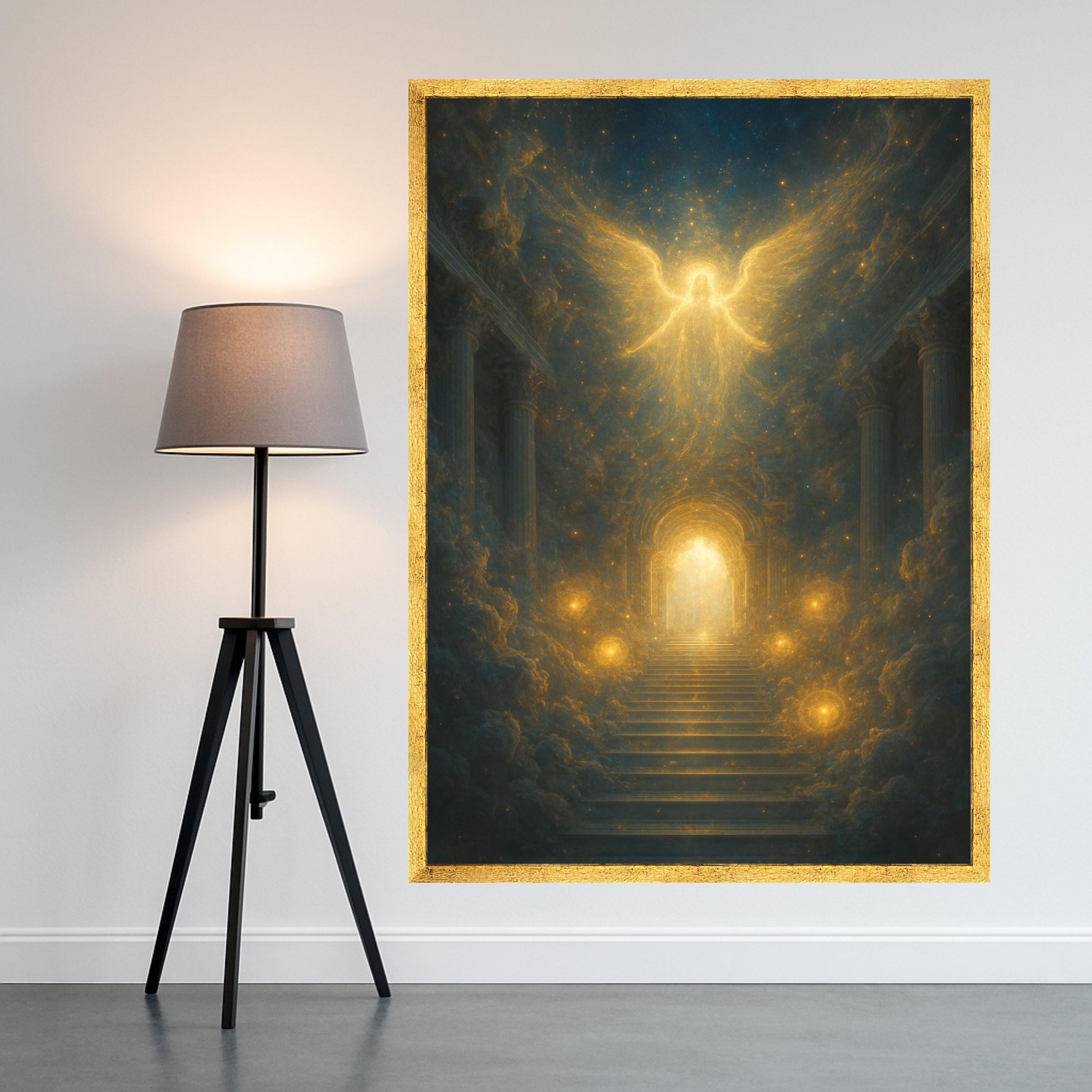 Heavenly Angel Canvas Print – Stairway to Light Wall Art, Spiritual Wall Decor, Glowing Ready to Hang Wall Decoration