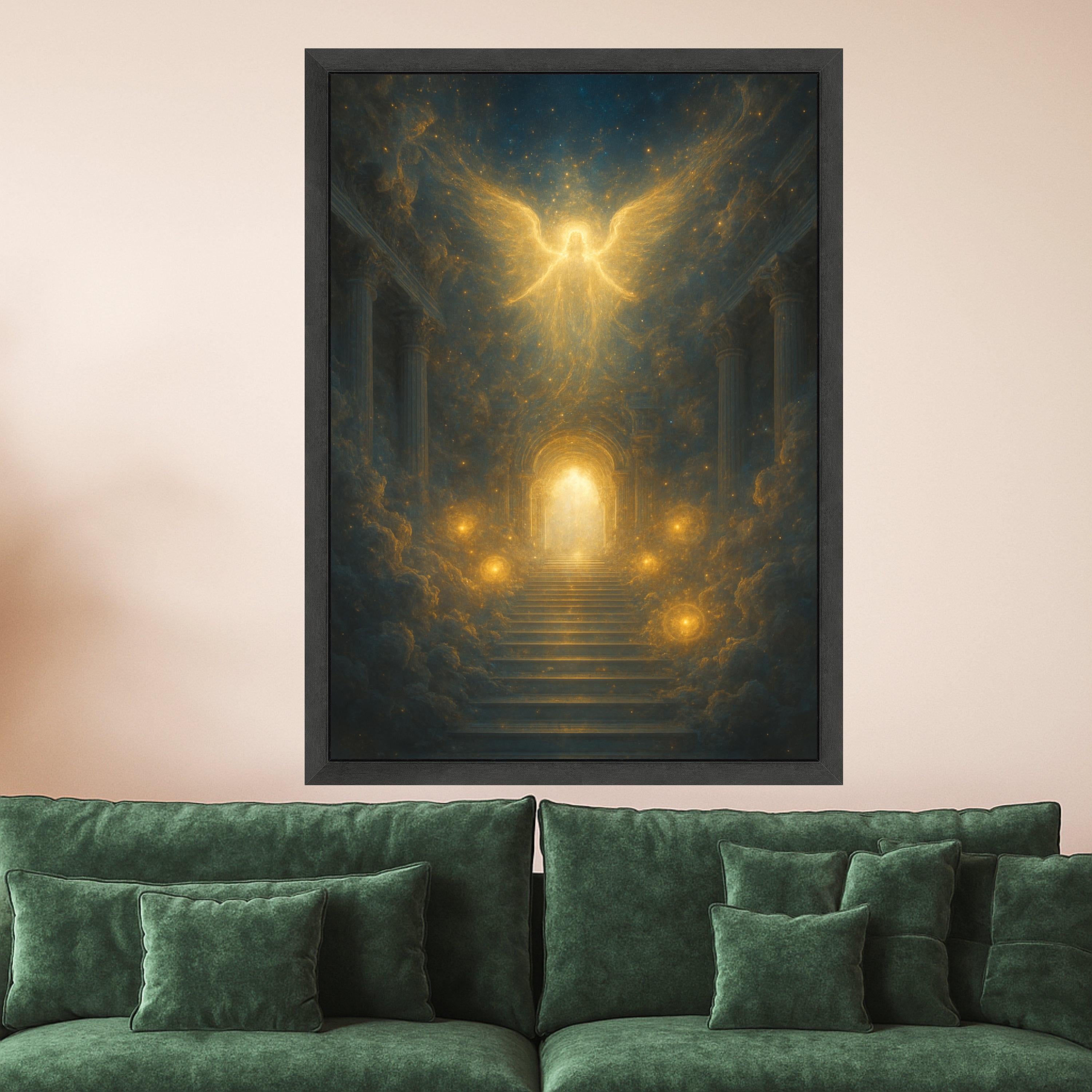 Heavenly Angel Canvas Print – Stairway to Light Wall Art, Spiritual Wall Decor, Glowing Ready to Hang Wall Decoration