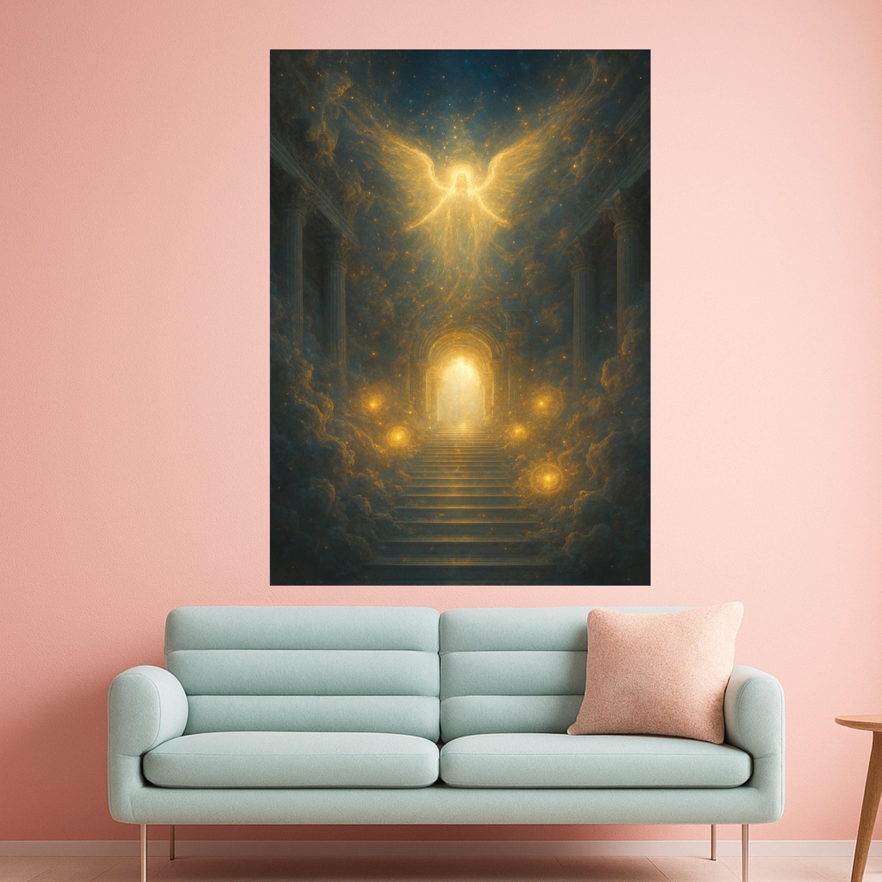 Heavenly Angel Canvas Print – Stairway to Light Wall Art, Spiritual Wall Decor, Glowing Ready to Hang Wall Decoration