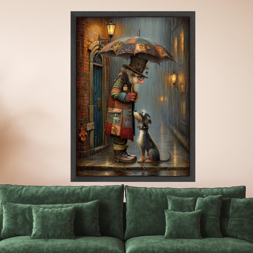 Whimsical Clown and Dog Canvas Print – Rainy Street Wall Art, Emotional Wall Decor, Ready to Hang Canvas Wall Decoration