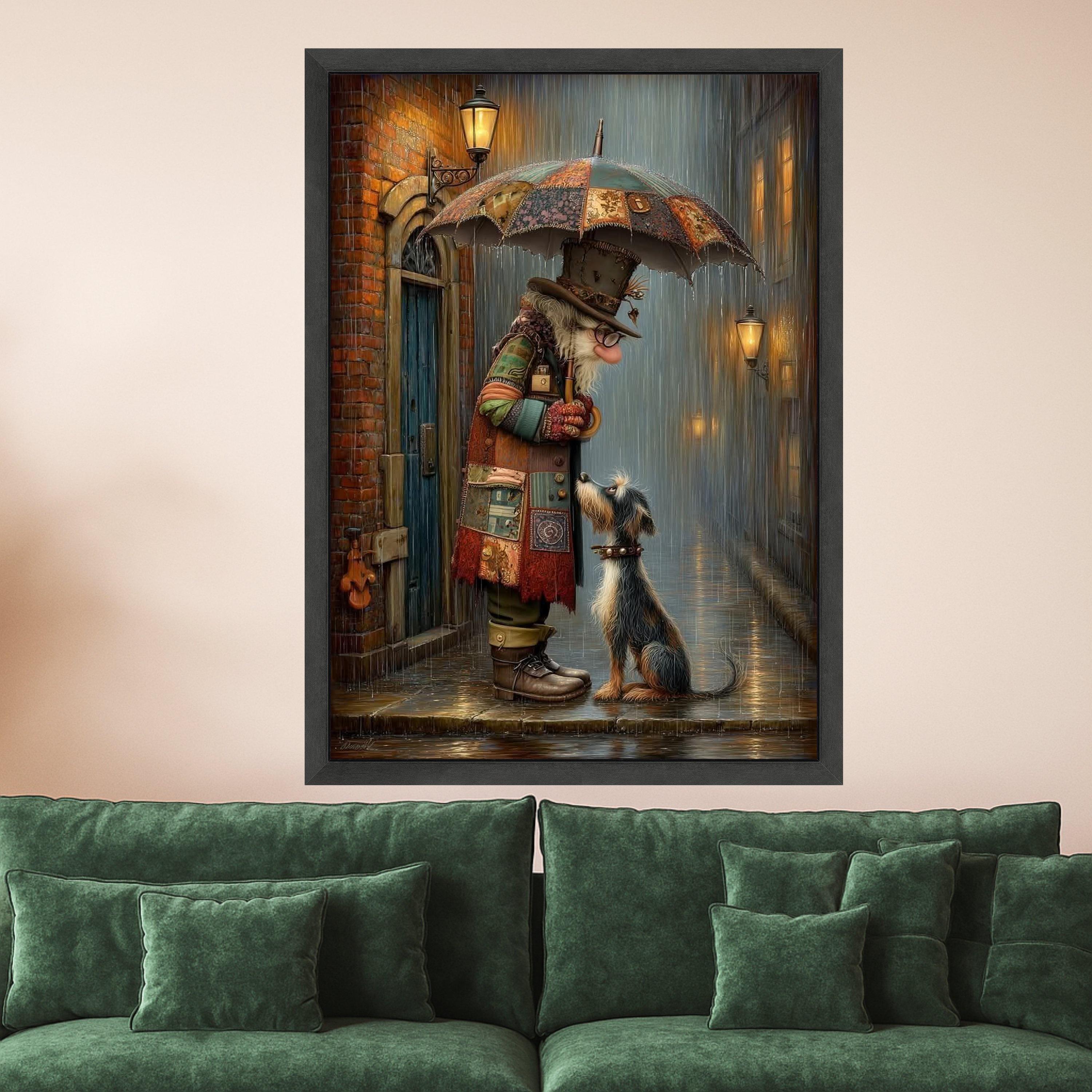 Whimsical Clown and Dog Canvas Print – Rainy Street Wall Art, Emotional Wall Decor, Ready to Hang Canvas Wall Decoration