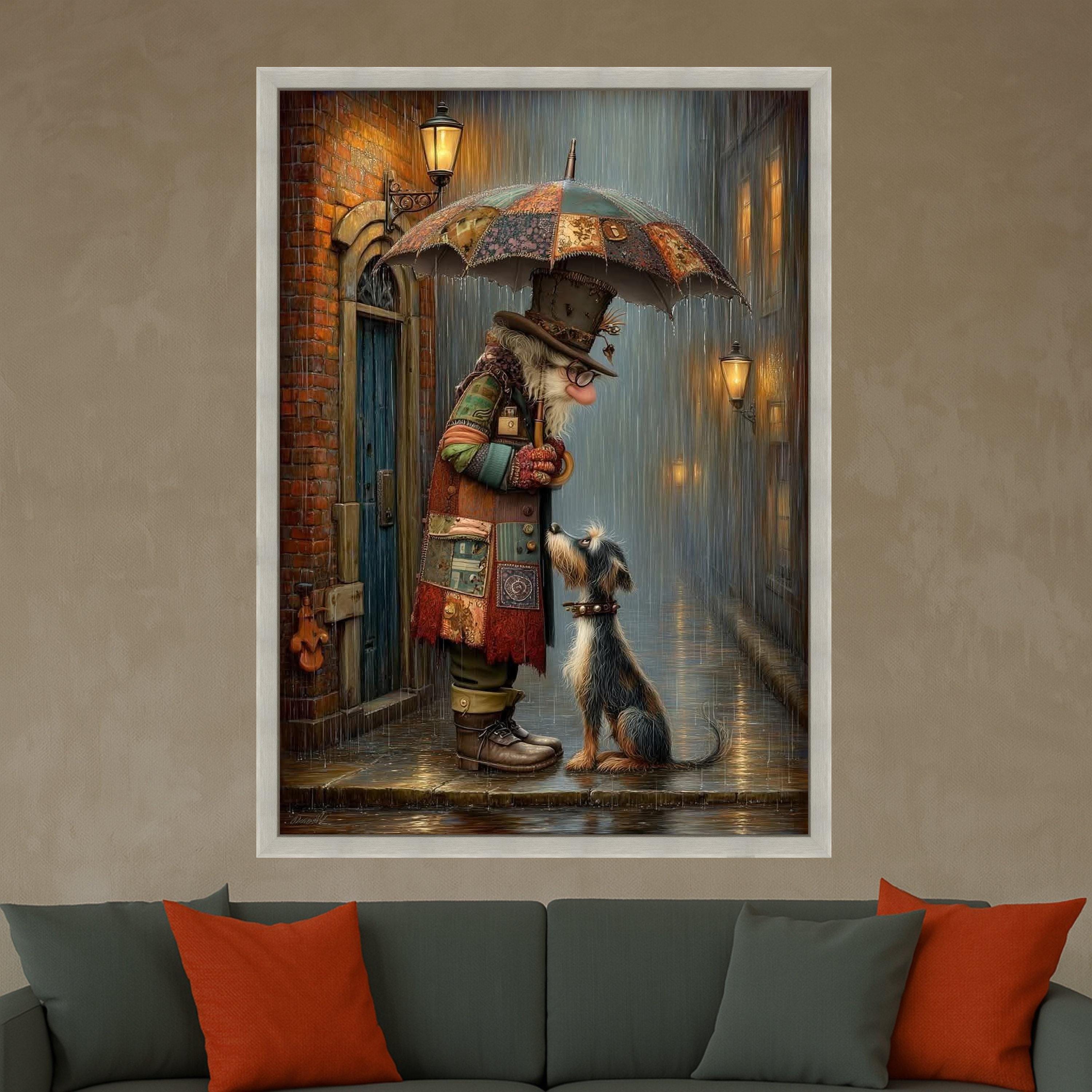 Whimsical Clown and Dog Canvas Print – Rainy Street Wall Art, Emotional Wall Decor, Ready to Hang Canvas Wall Decoration