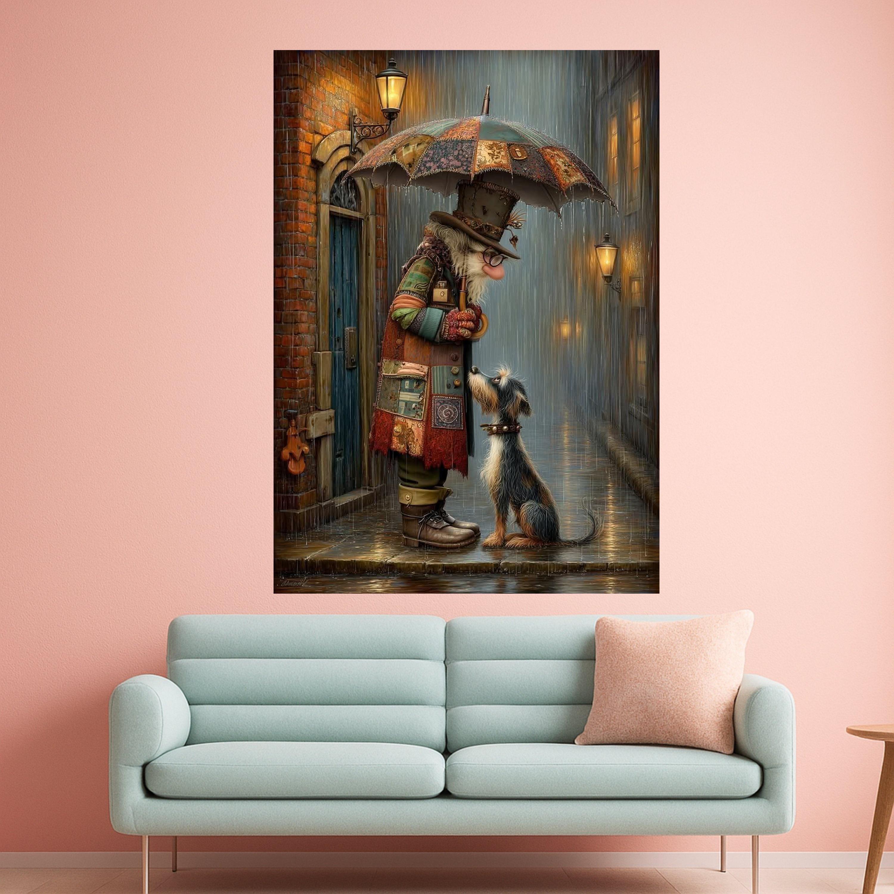 Whimsical Clown and Dog Canvas Print – Rainy Street Wall Art, Emotional Wall Decor, Ready to Hang Canvas Wall Decoration