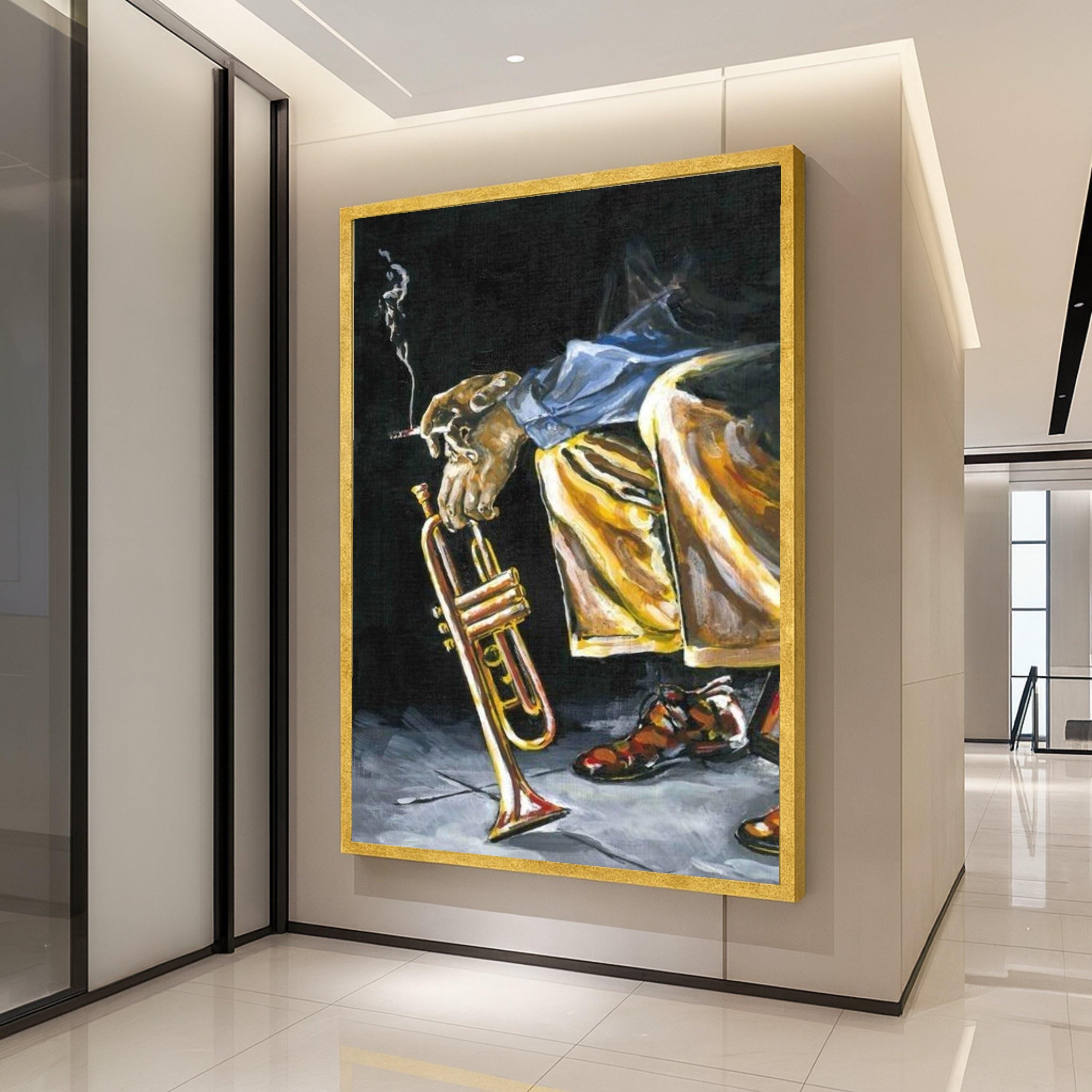 Jazz Musician Smoking Canvas Wall Art, Trumpet Player Painting, Urban Music Scene, Blues Art Print, Contemporary Home Decor Ready To Hang,