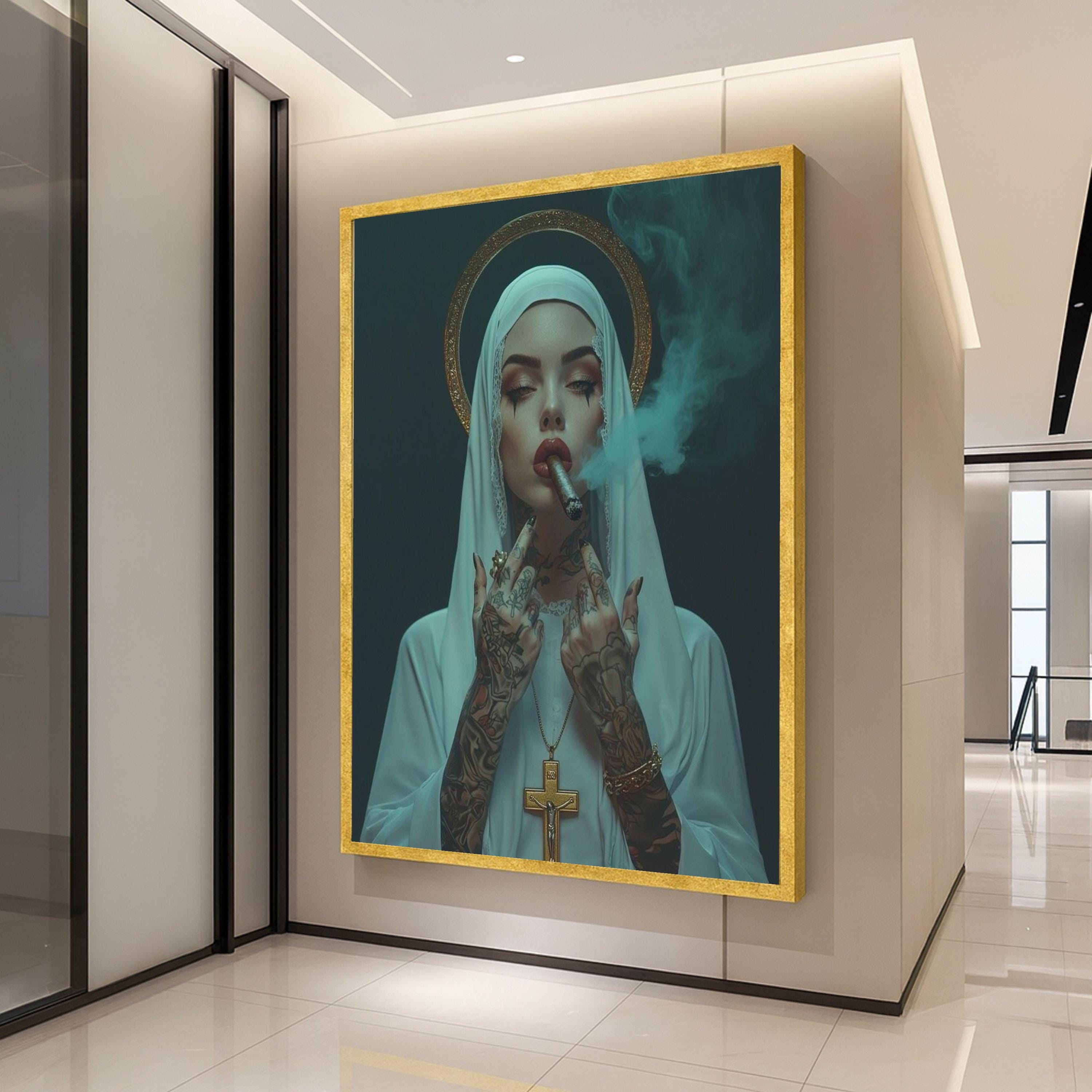 Tattooed Nun Smoking Cigar Canvas, Gothic Religious Wall Art