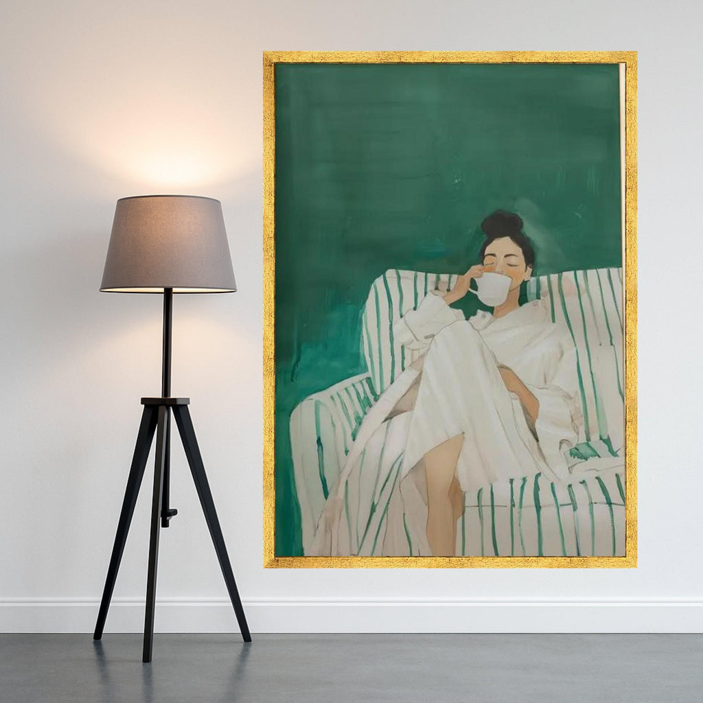 Cozy Morning Routine Canvas, Woman Relaxing with Coffee Art, Home Comfort Wall Decor, Modern Lifestyle Canvas, Relaxation Ready To Hang,