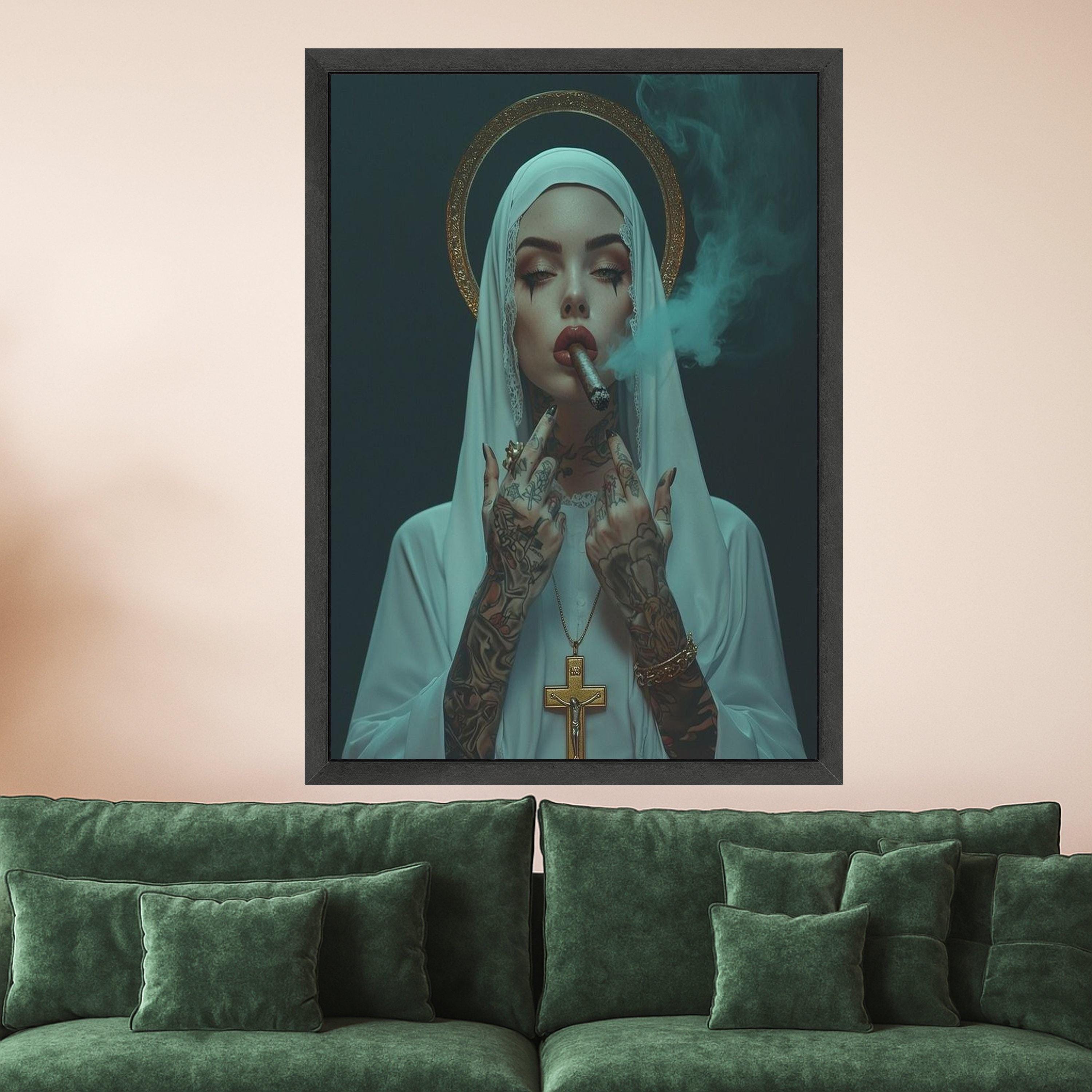 Tattooed Nun Smoking Cigar Canvas, Gothic Religious Wall Art