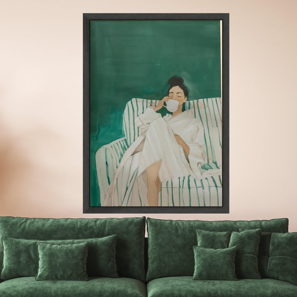 Cozy Morning Routine Canvas, Woman Relaxing with Coffee Art, Home Comfort Wall Decor, Modern Lifestyle Canvas, Relaxation Ready To Hang,