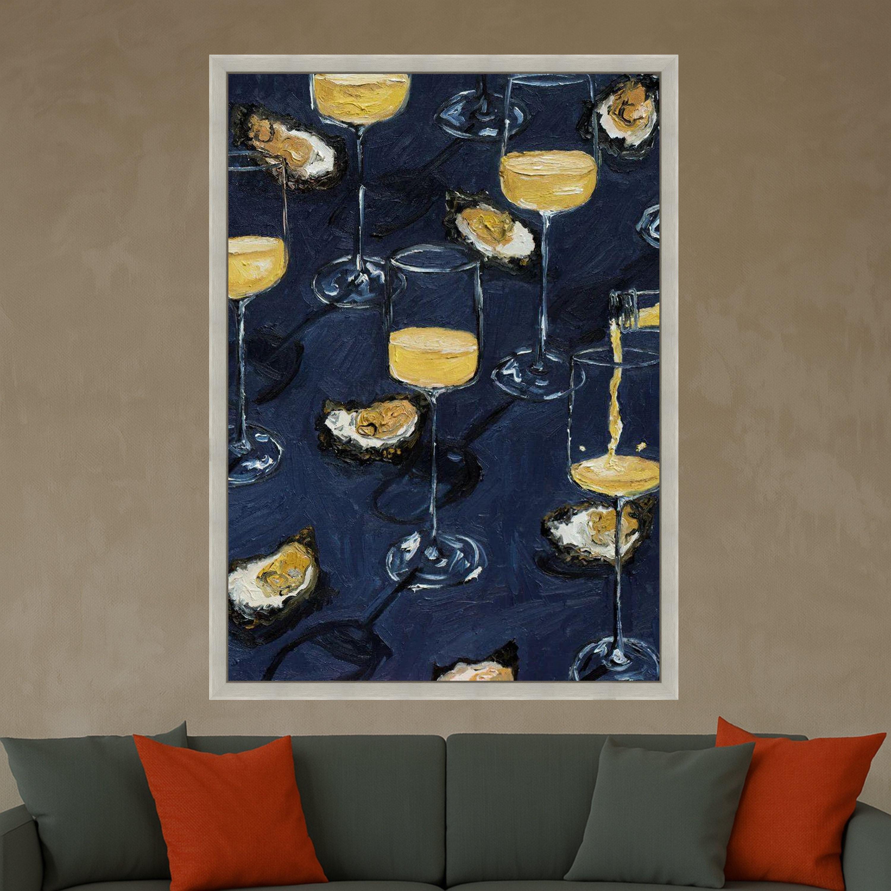 Champagne Glasses and Oysters Canvas, Elegant Seafood Drink Art, Party Celebration Wall Decor, Contemporary Kitchen Canvas Ready To Hang,