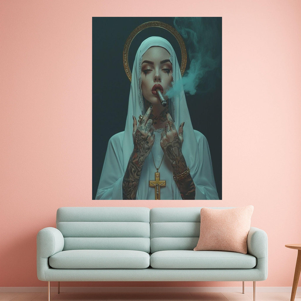 Tattooed Nun Smoking Cigar Canvas, Gothic Religious Wall Art