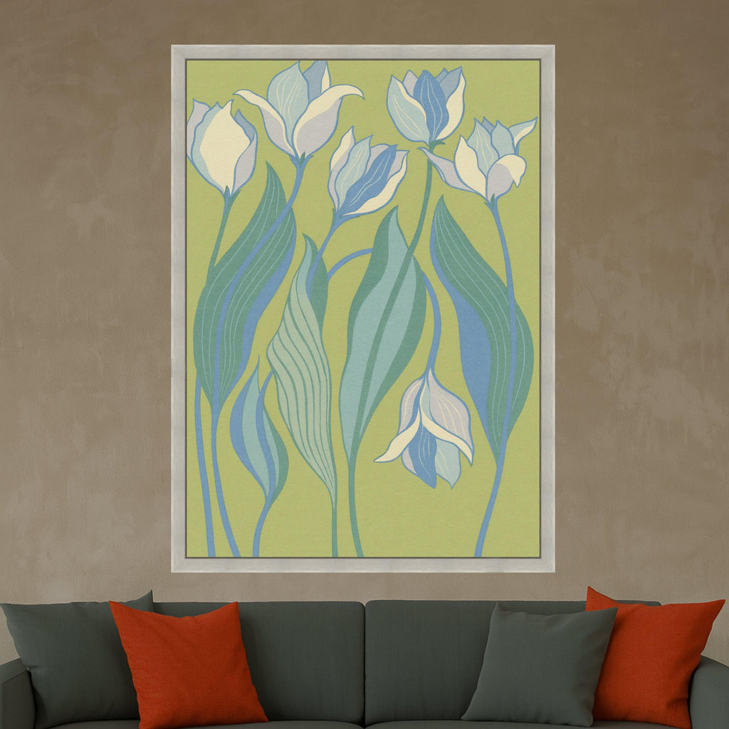 Abstract Blue Tulips Canvas Wall Art, Modern Floral Design, Botanical Home Decor, Soft Green Background, Contemporary Canvas Ready To Hang,