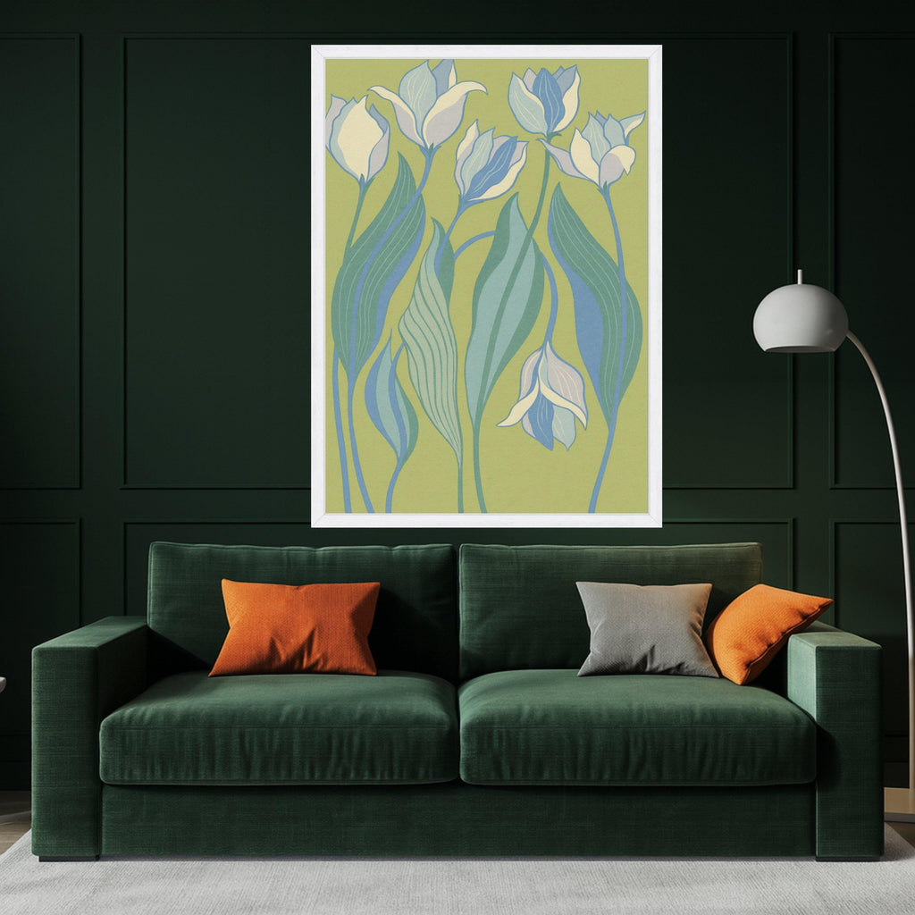 Abstract Blue Tulips Canvas Wall Art, Modern Floral Design, Botanical Home Decor, Soft Green Background, Contemporary Canvas Ready To Hang,