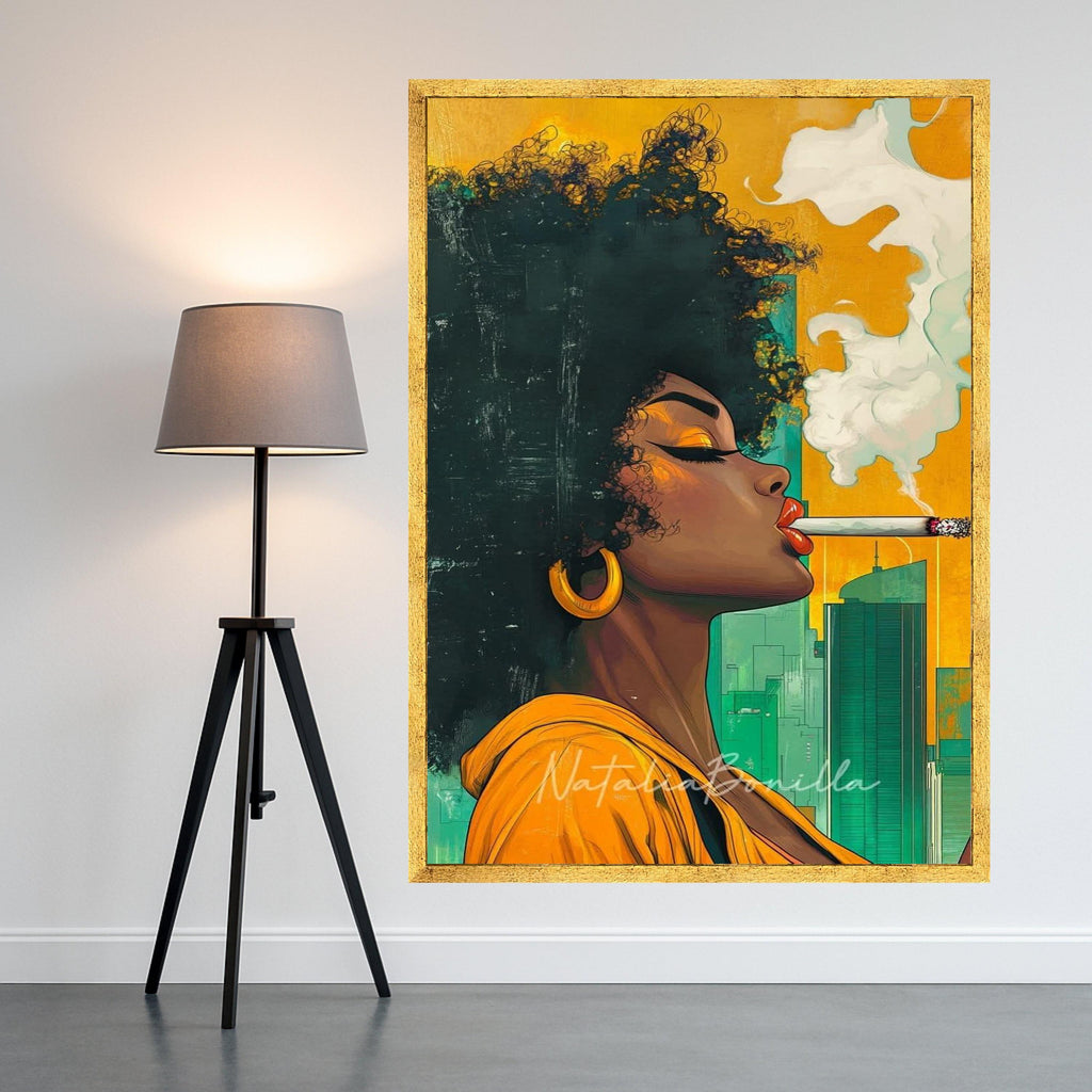 Afro Woman Smoking Canvas, Cityscape Portrait, Modern Pop Art, Ready To Hang