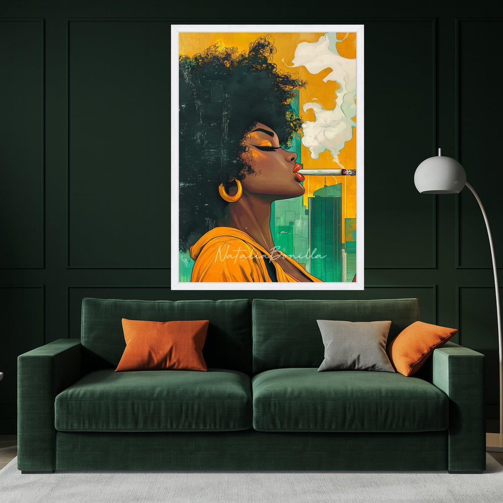 Afro Woman Smoking Canvas, Cityscape Portrait, Modern Pop Art, Ready To Hang