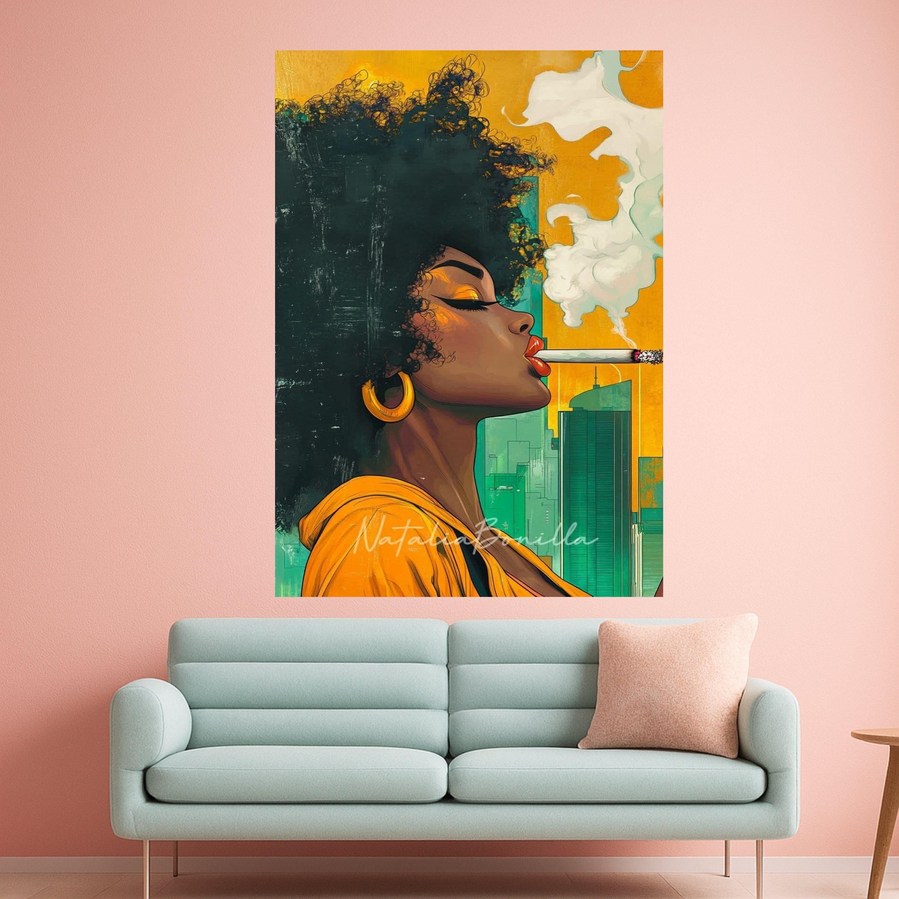 Afro Woman Smoking Canvas, Cityscape Portrait, Modern Pop Art, Ready To Hang