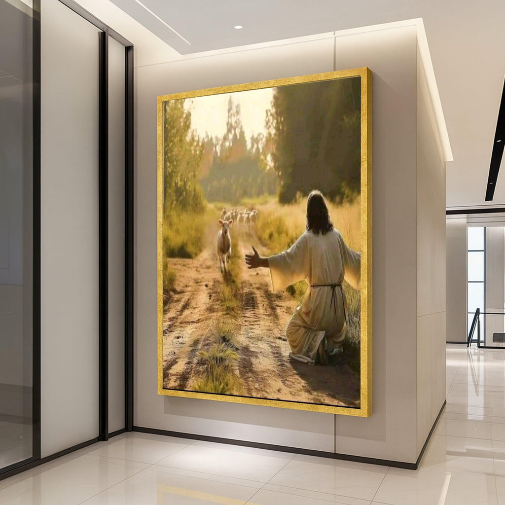 Peaceful Shepherd Scene Canvas, Jesus and Sheep Wall Art, Inspirational Religious Canvas, Spiritual Nature Landscape, Ready To Hang,