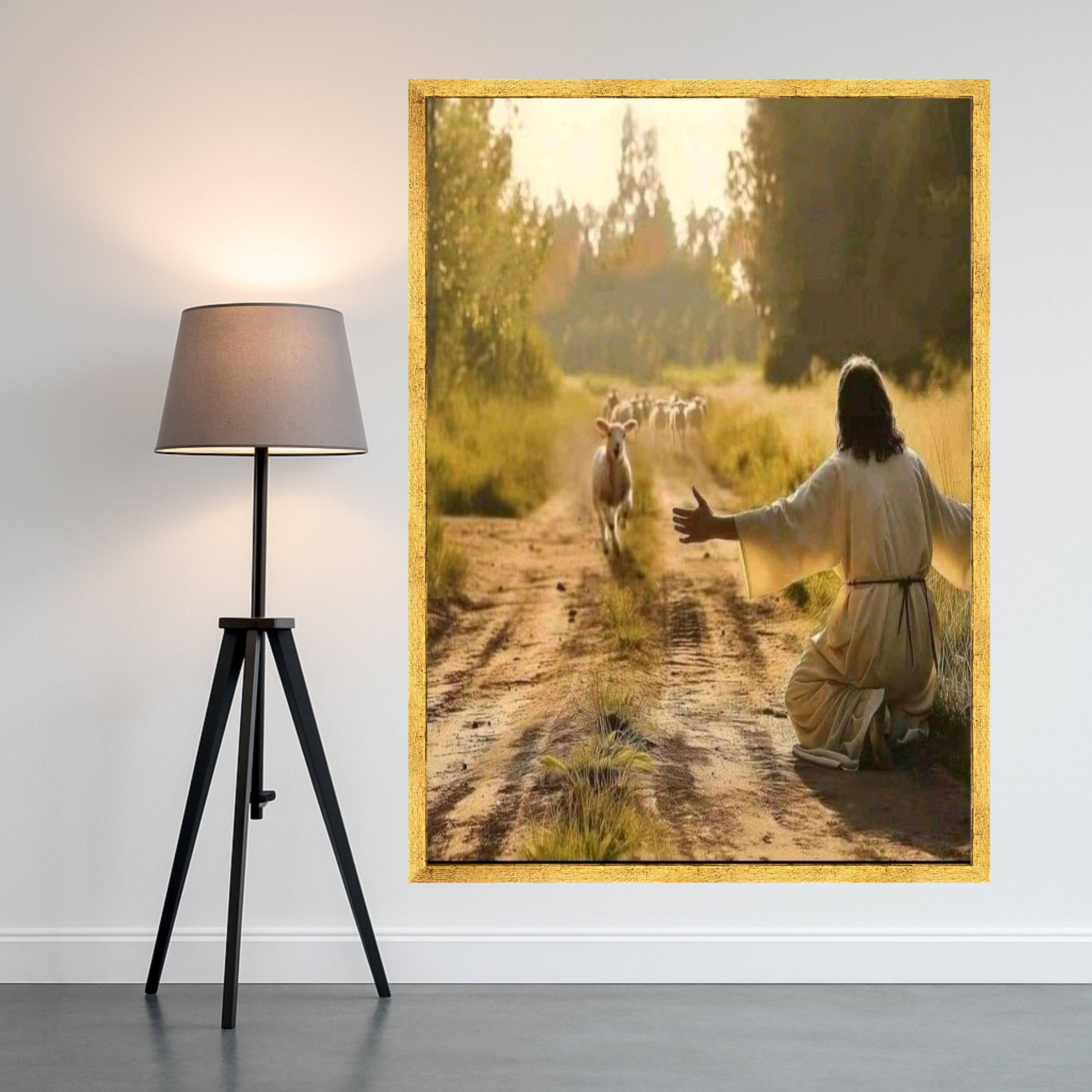 Peaceful Shepherd Scene Canvas, Jesus and Sheep Wall Art, Inspirational Religious Canvas, Spiritual Nature Landscape, Ready To Hang,