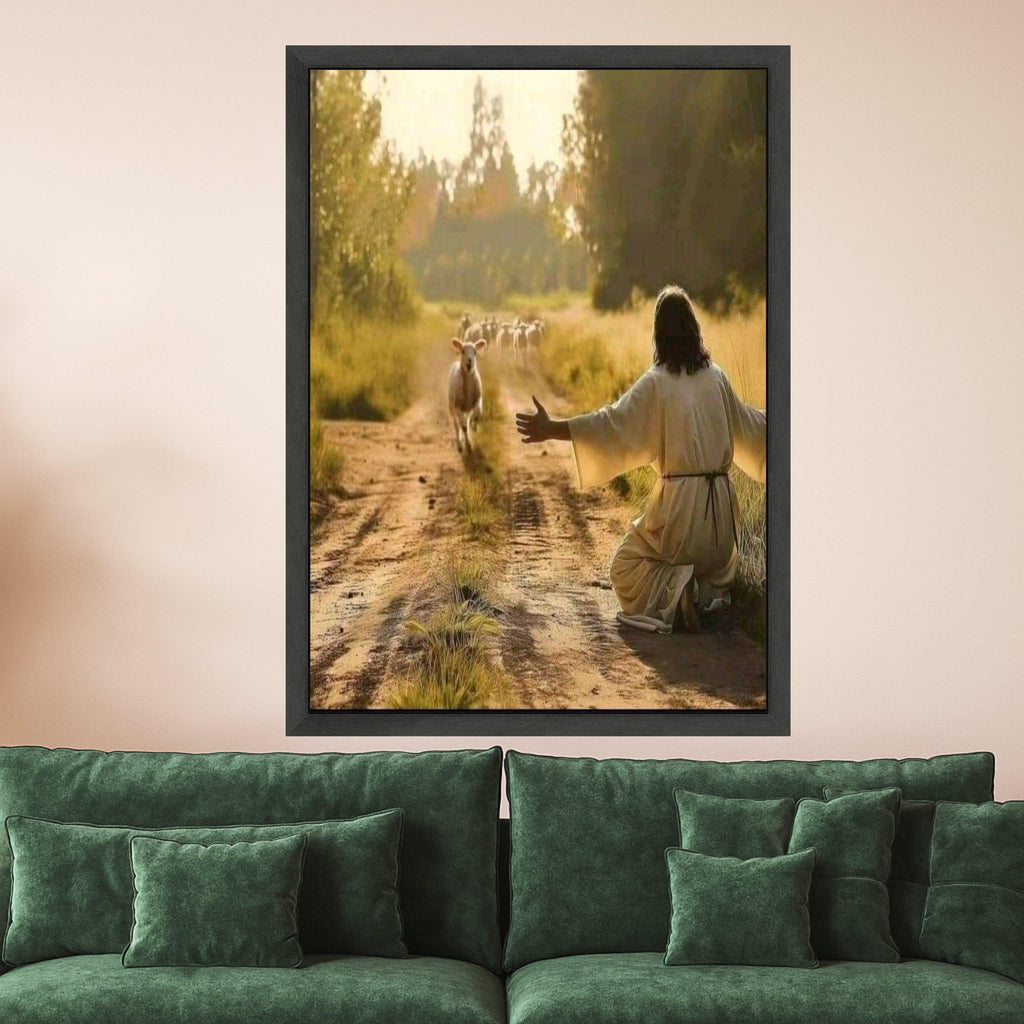 Peaceful Shepherd Scene Canvas, Jesus and Sheep Wall Art, Inspirational Religious Canvas, Spiritual Nature Landscape, Ready To Hang,