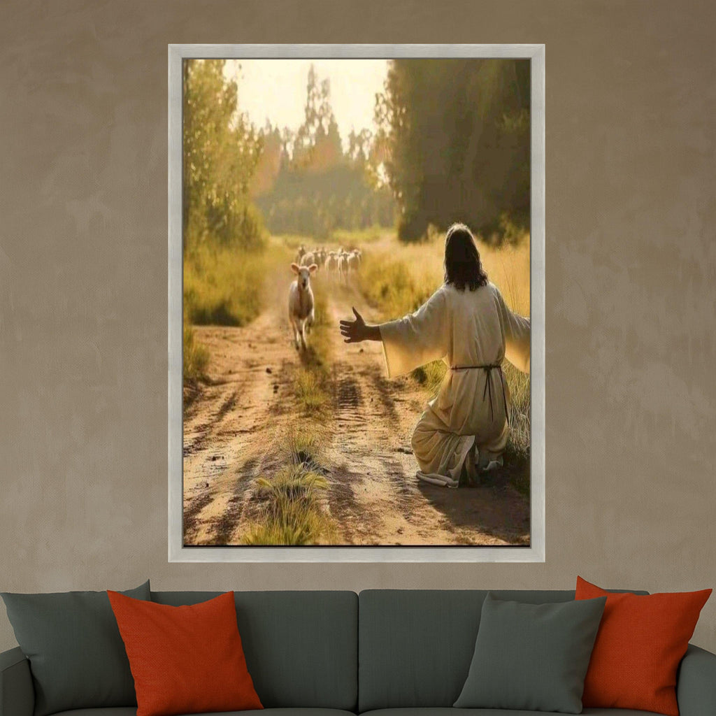 Peaceful Shepherd Scene Canvas, Jesus and Sheep Wall Art, Inspirational Religious Canvas, Spiritual Nature Landscape, Ready To Hang,