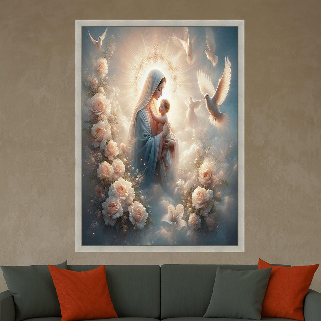Sacred Mother and Child Canvas, Religious Wall Art, Virgin Mary with Baby, Angelic Dove Decor, Spiritual Canvas Painting, Ready To Hang,
