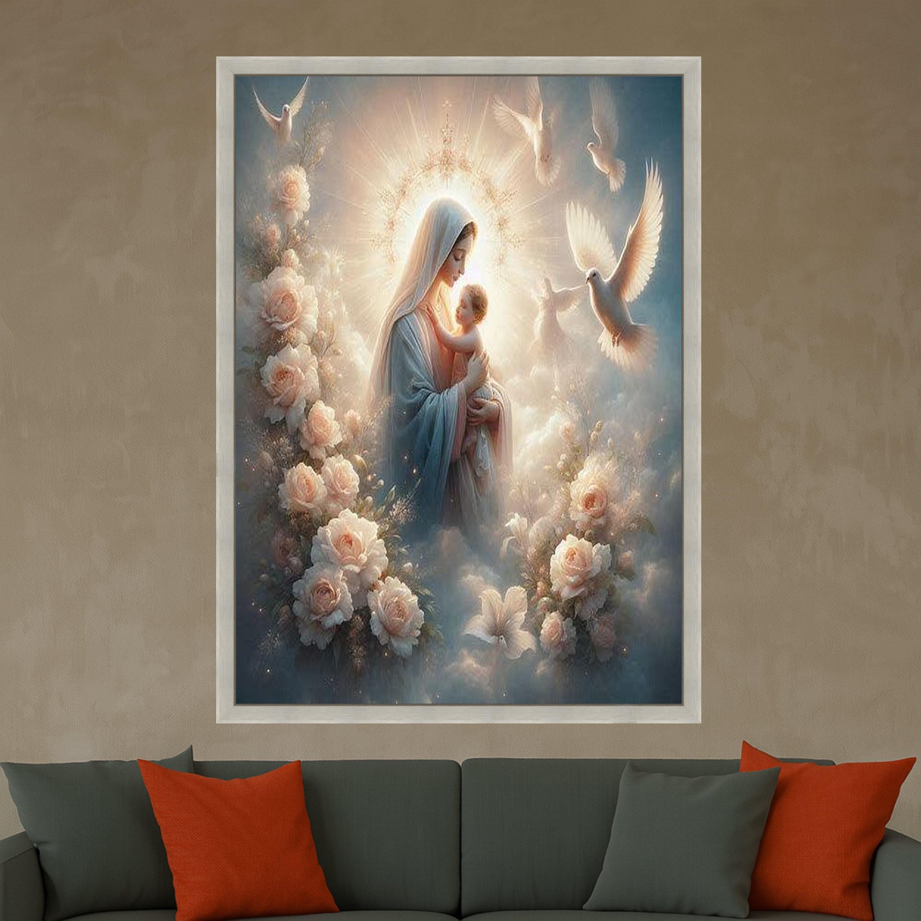 Sacred Mother and Child Canvas, Religious Wall Art, Virgin Mary with Baby, Angelic Dove Decor, Spiritual Canvas Painting, Ready To Hang,
