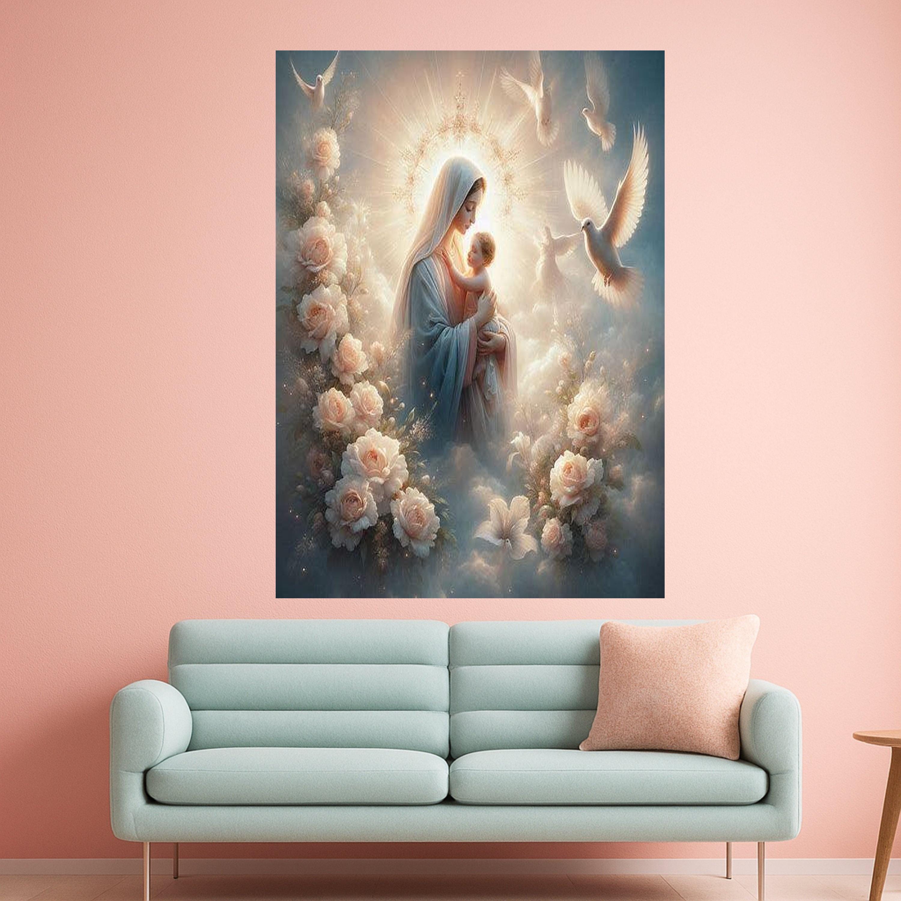 Sacred Mother and Child Canvas, Religious Wall Art, Virgin Mary with Baby, Angelic Dove Decor, Spiritual Canvas Painting, Ready To Hang,