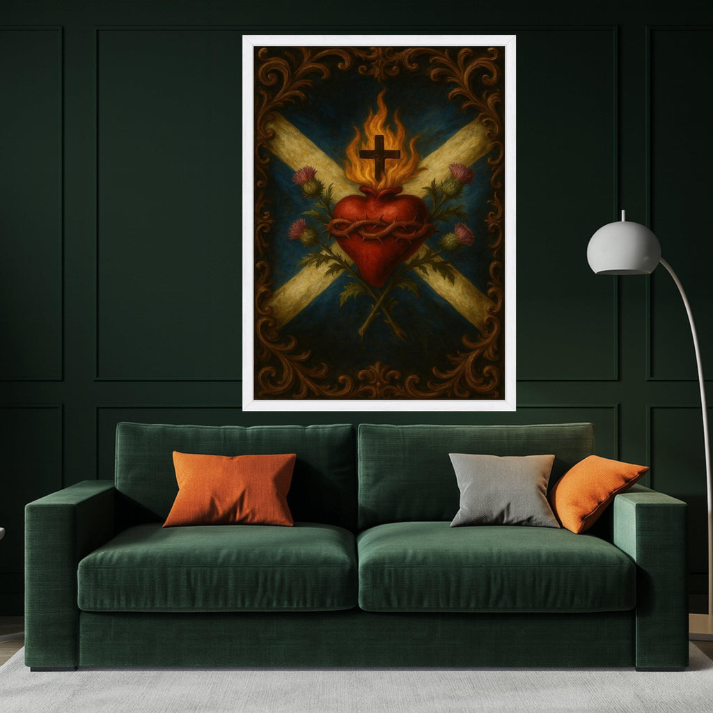 Sacred Heart with Flaming Cross Canvas, Religious Wall Art, Christian Symbolism Canvas, Spiritual Home Decor, Inspirational Ready To Hang,