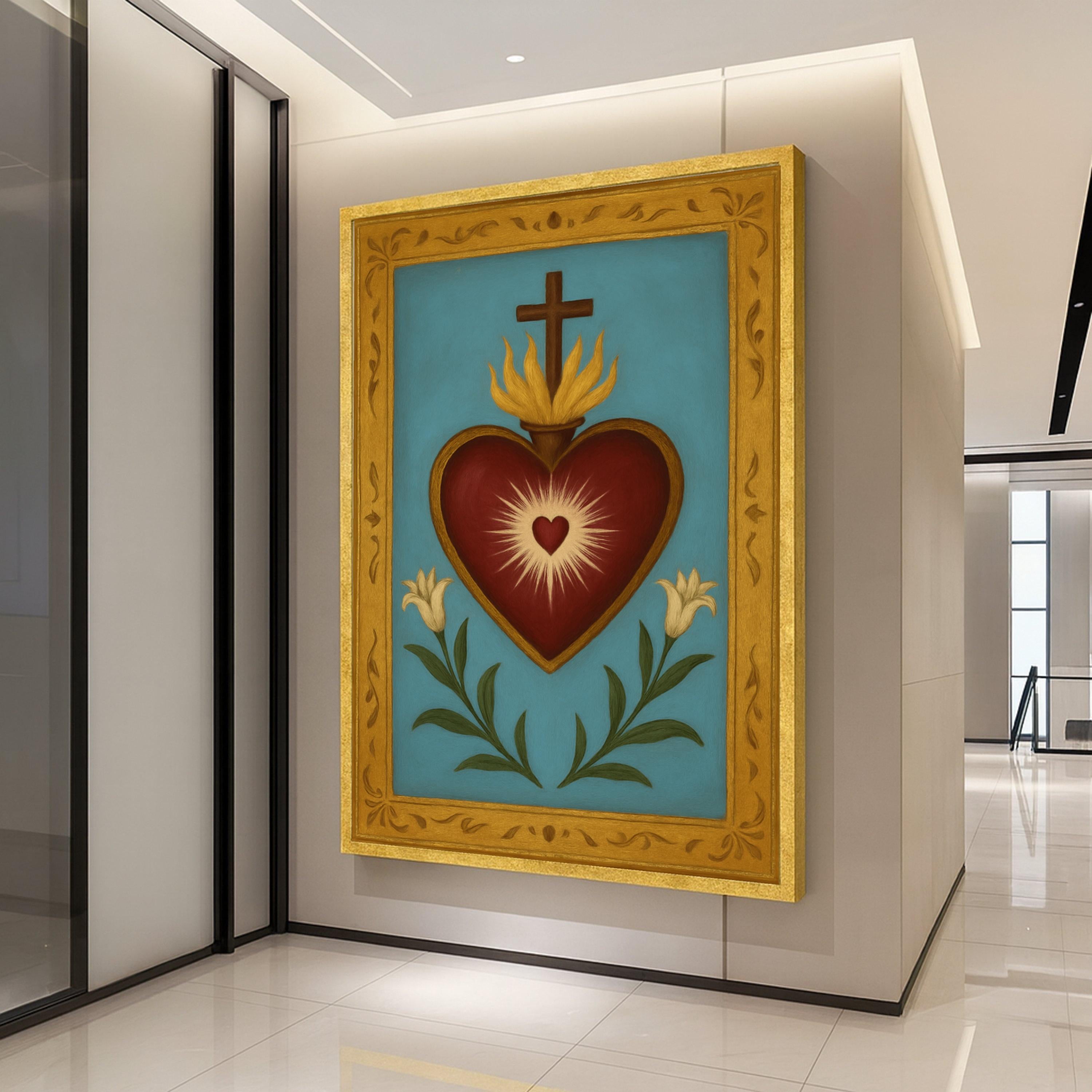 Sacred Heart Canvas Wall Art, Religious Heart with Cross and Lilies, Spiritual Home Decoration, Catholic Symbol Canvas, Ready To Hang,