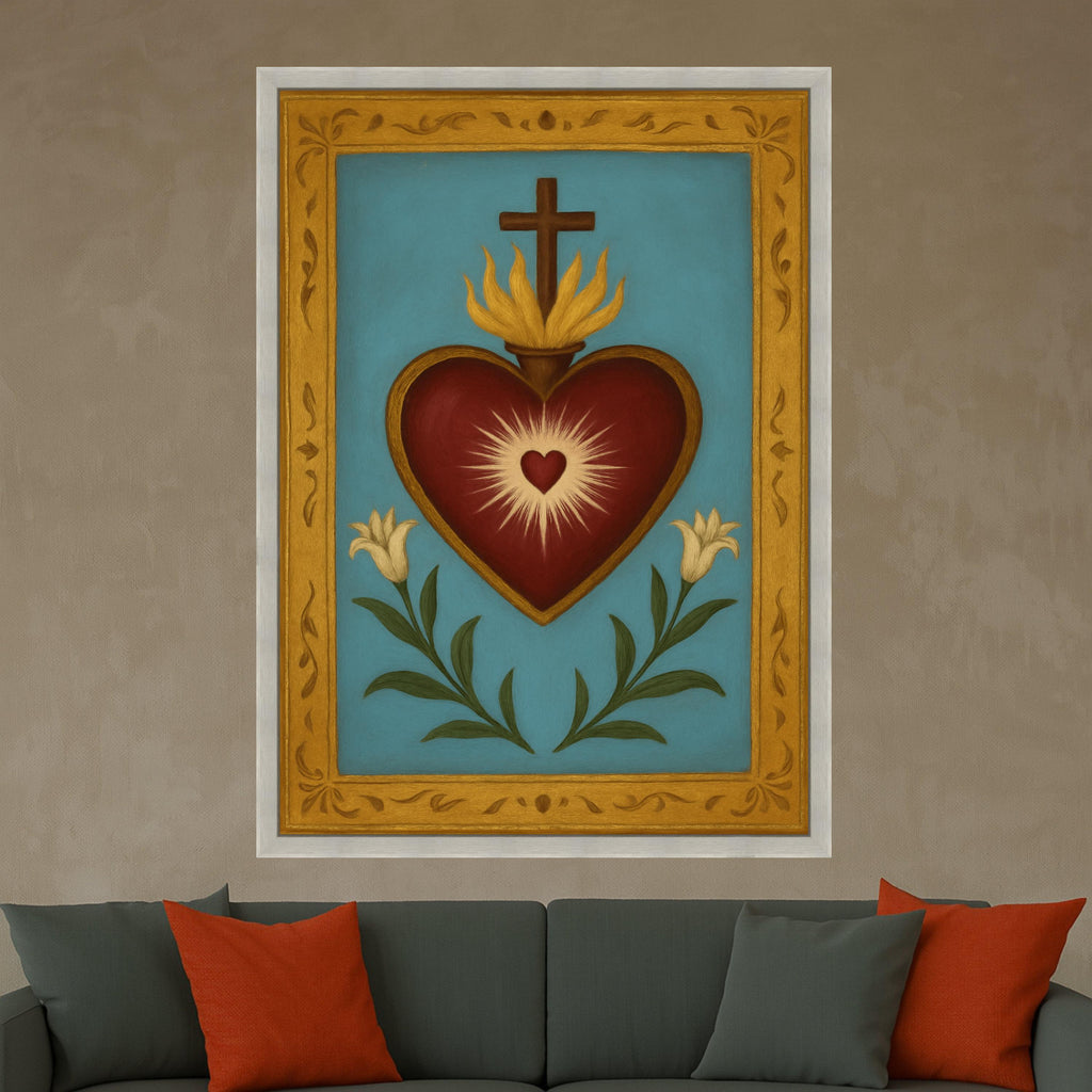 Sacred Heart Canvas Wall Art, Religious Heart with Cross and Lilies, Spiritual Home Decoration, Catholic Symbol Canvas, Ready To Hang,