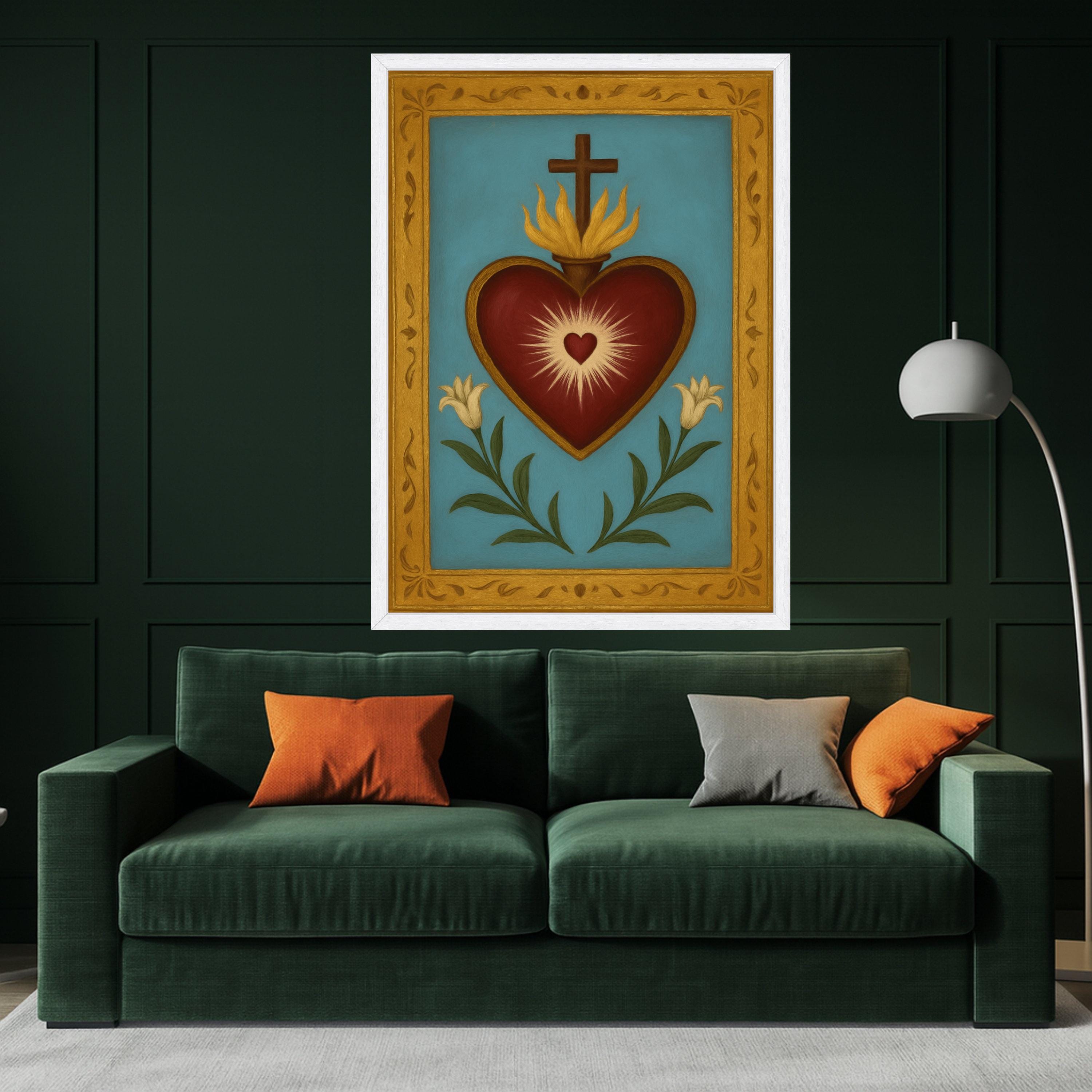 Sacred Heart Canvas Wall Art, Religious Heart with Cross and Lilies, Spiritual Home Decoration, Catholic Symbol Canvas, Ready To Hang,
