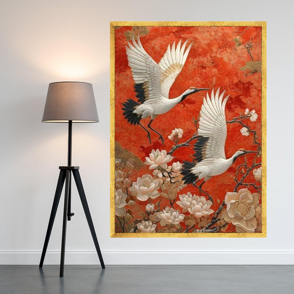 Elegant Cranes in Flight Canvas, Asian Floral Wall Art, Red Background Nature Scene, Bird and Blossom Canvas, Home Decoration Ready To Hang,