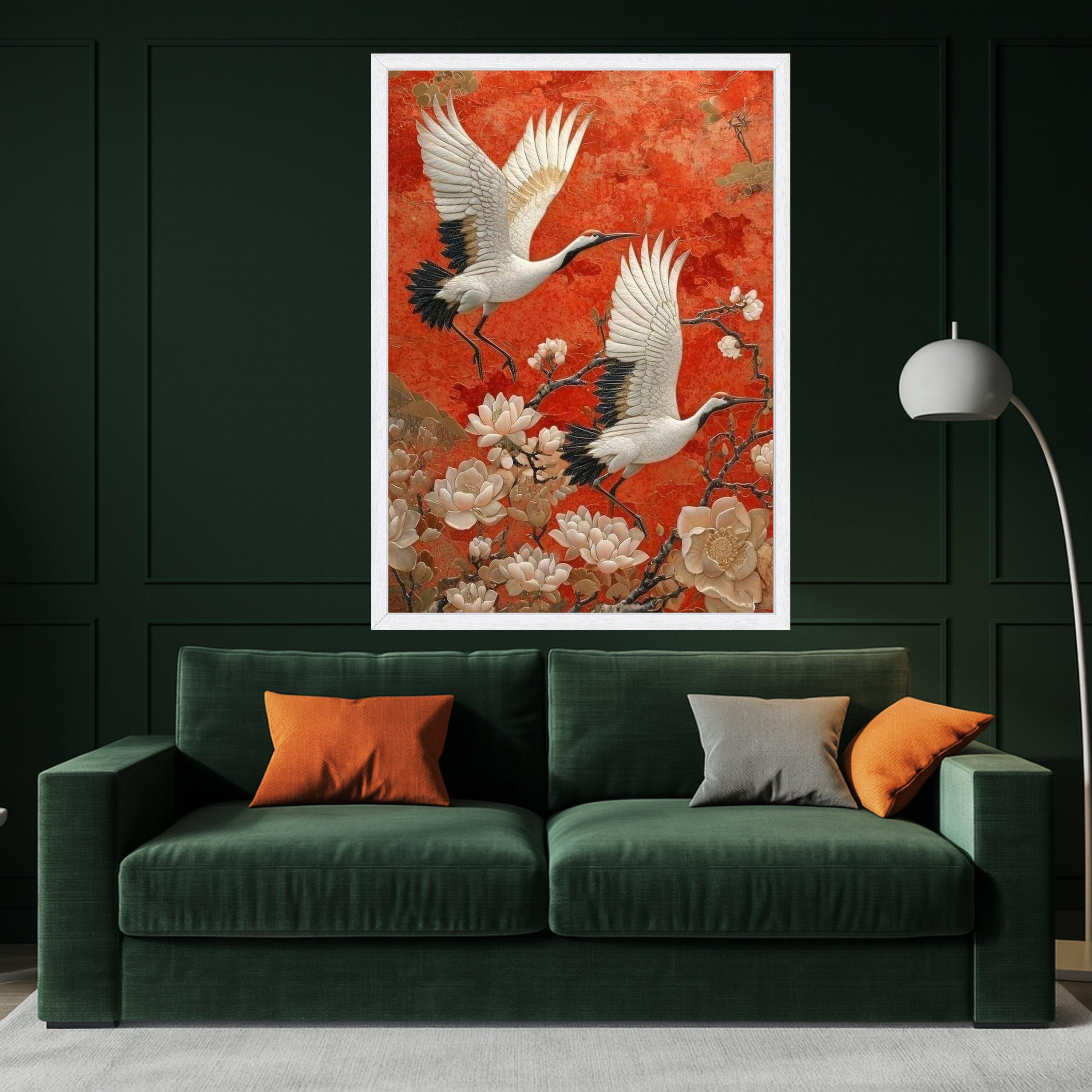 Elegant Cranes in Flight Canvas, Asian Floral Wall Art, Red Background Nature Scene, Bird and Blossom Canvas, Home Decoration Ready To Hang,